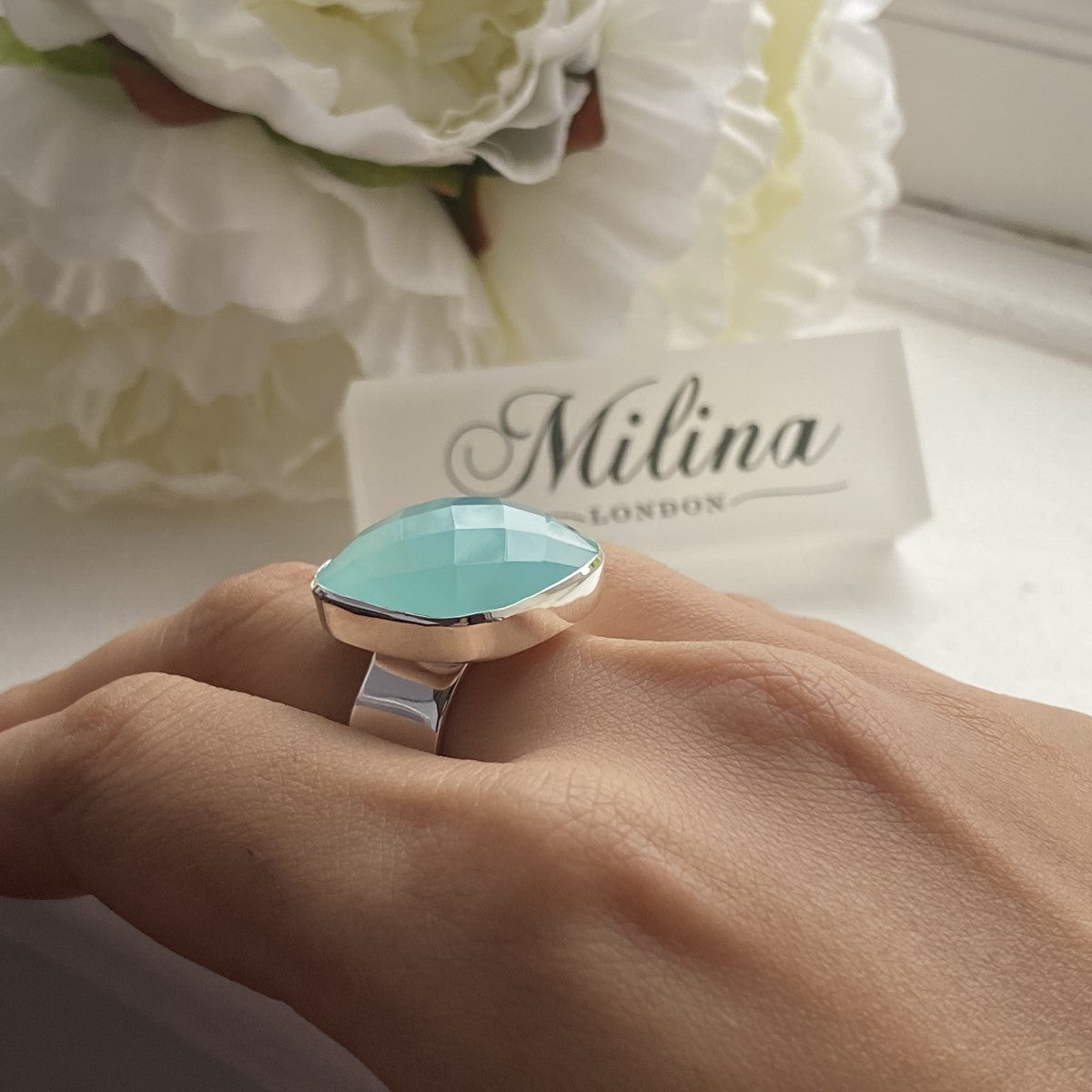 Chunky Sterling Silver Square Aqua Chalcedony Gemstone Ring