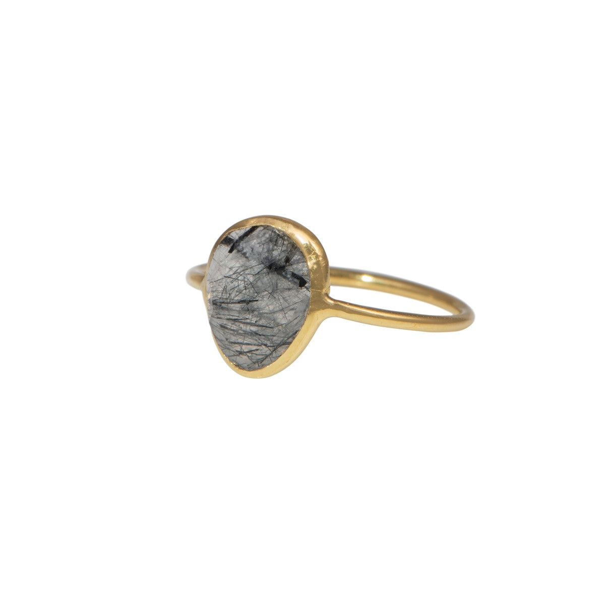 Black Rutilated Quartz Organic Elliptical Shaped Gemstone Fine Band Ring in Gold Plated Sterling Silver