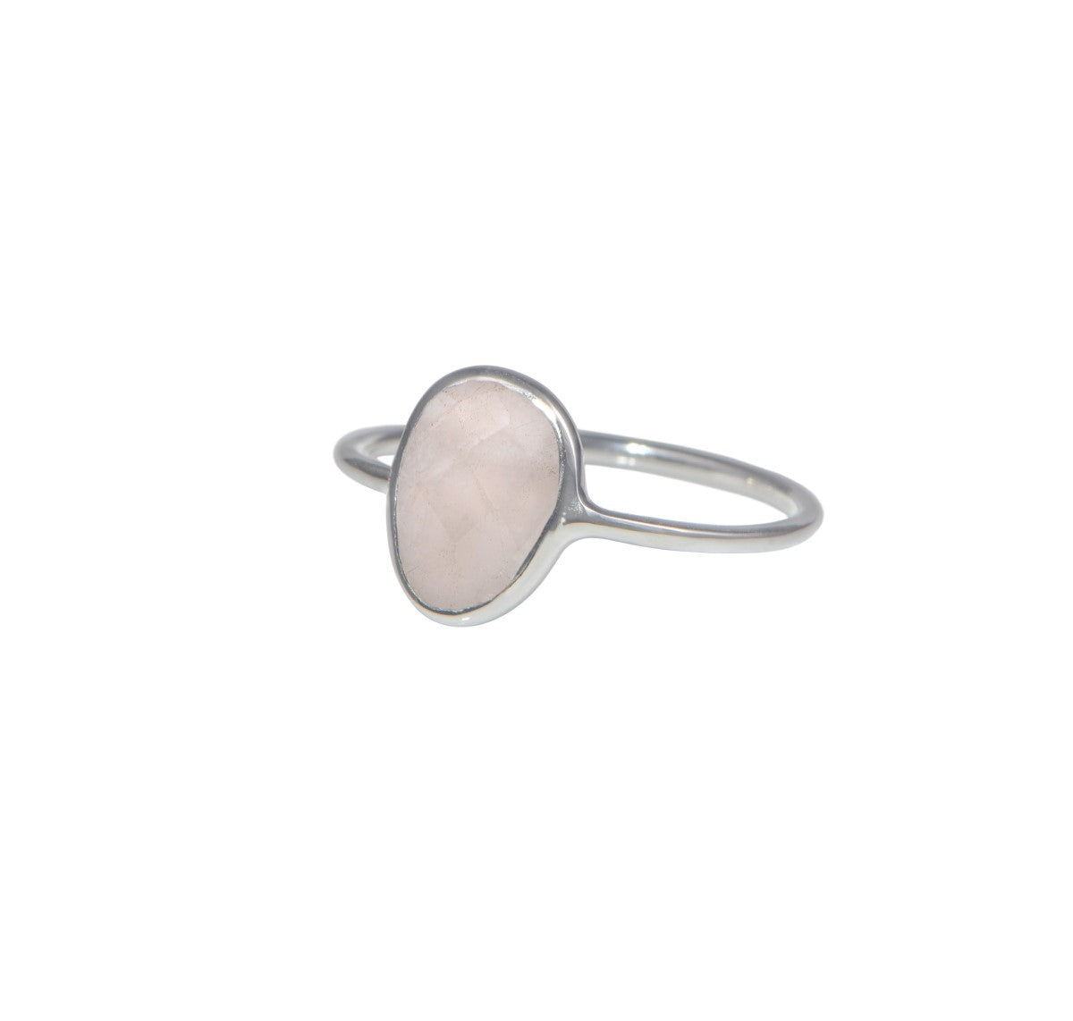 Rose Quartz Organic Elliptical Shaped Gemstone Fine Band Ring in Sterling Silver