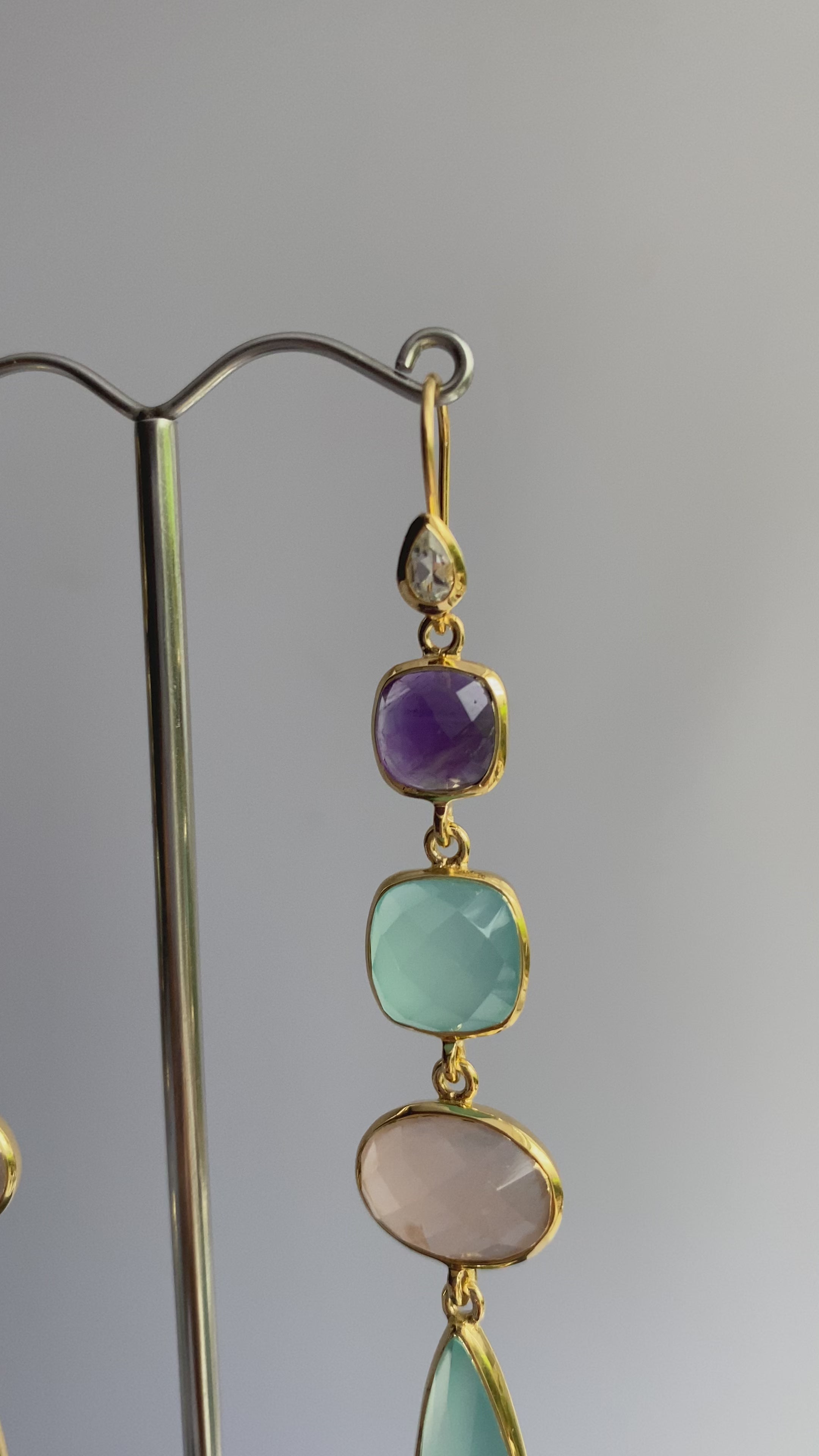 Gold Plated Sterling Silver Long Gemstone Earrings with Amethyst, Aqua Chalcedony and Rose Quartz