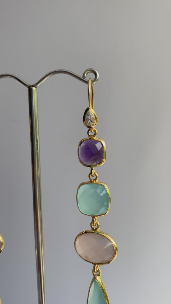 Gold Plated Sterling Silver Long Gemstone Earrings with Amethyst, Aqua Chalcedony and Rose Quartz