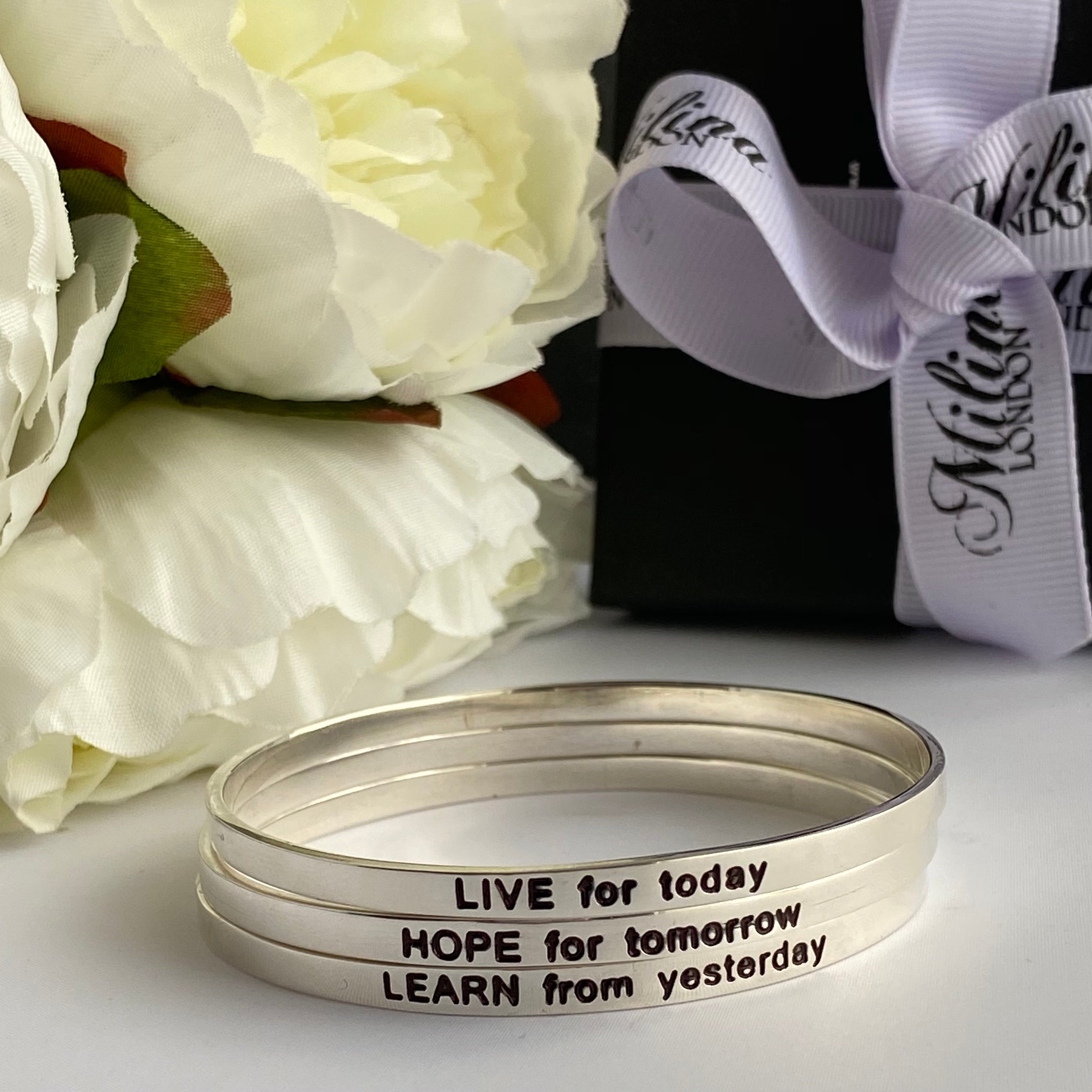 Sterling Silver Motivational Quote Bangle - Learn From Yesterday