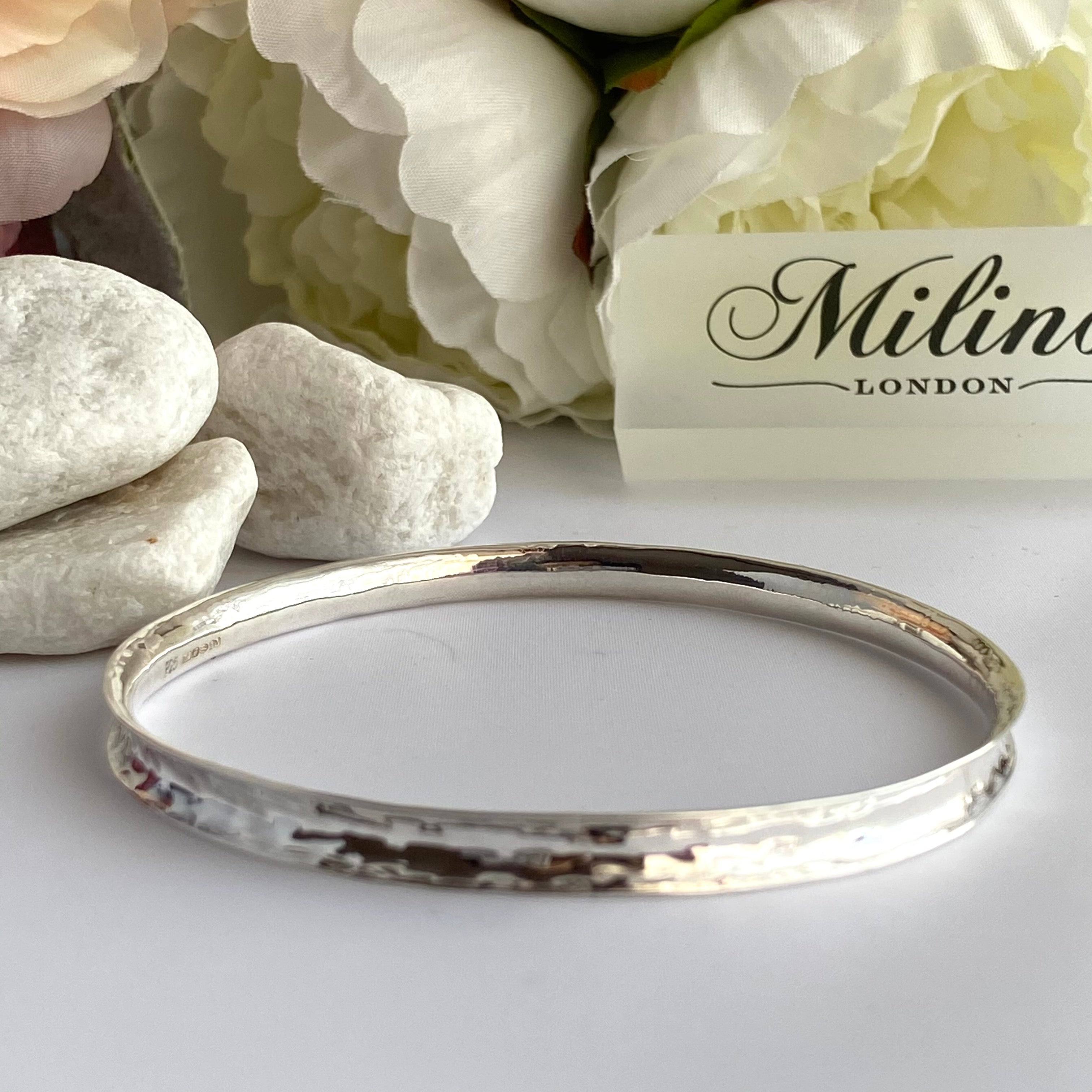 Round Sterling Silver 5mm wide Concave Bangle with a Hammered Finish