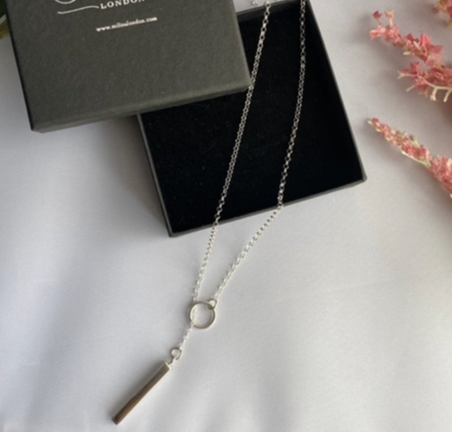 Sterling Silver Lariat Y Necklace with Long Cuboid Pendant