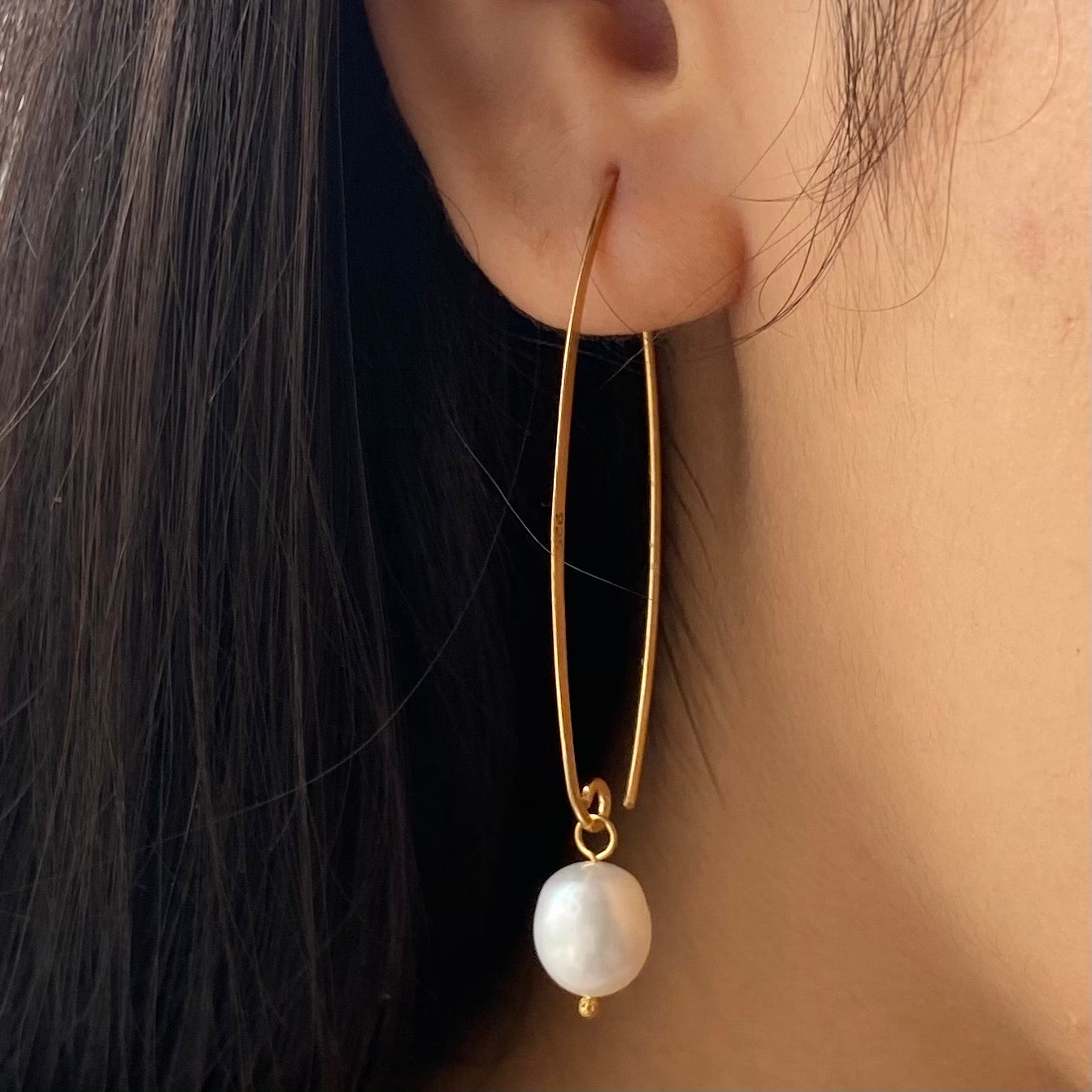 Gold Plated Long Sterling Silver Threader Earrings with White Pearl Drop