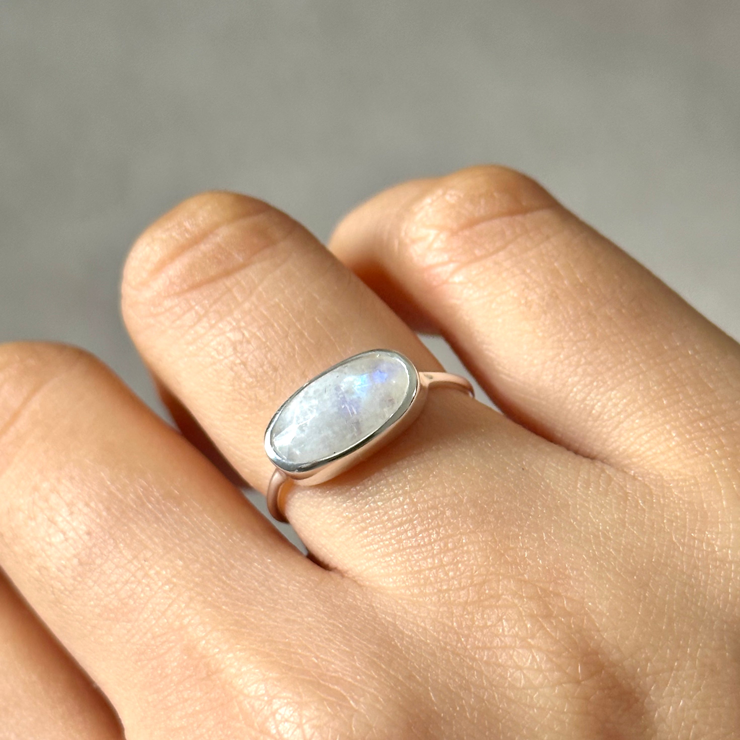 Faceted Oval Cut Natural Gemstone Sterling Silver Fine Band Ring - Moonstone