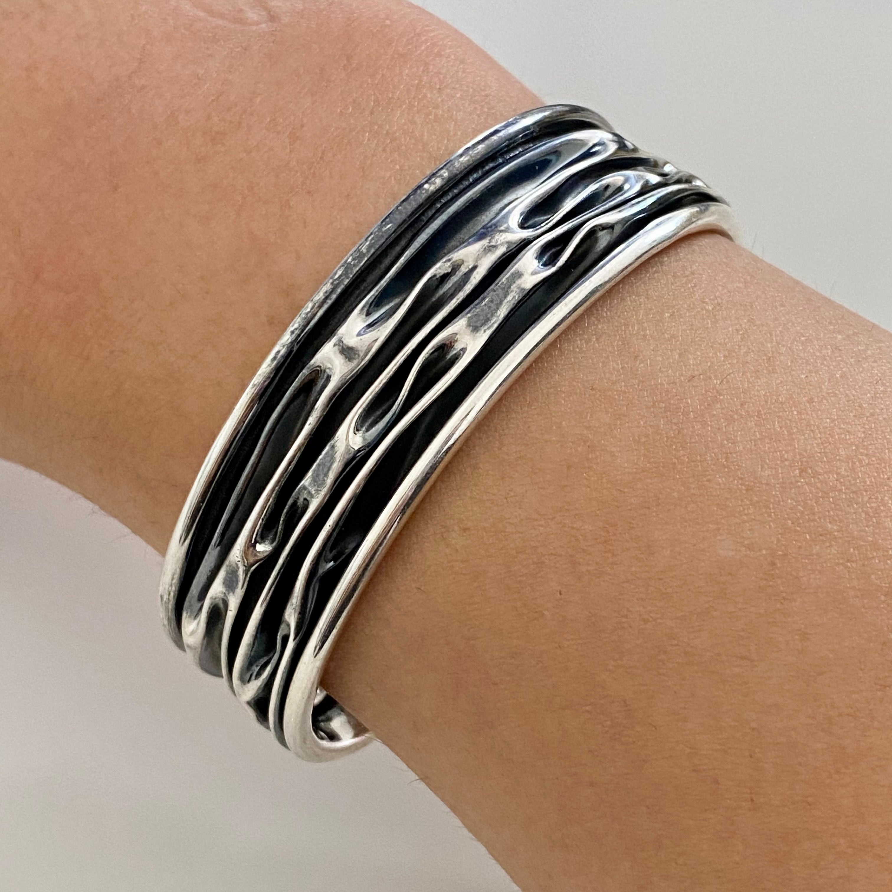 Oxidised Sterling Silver Textured Patterned Cuff - Narrow