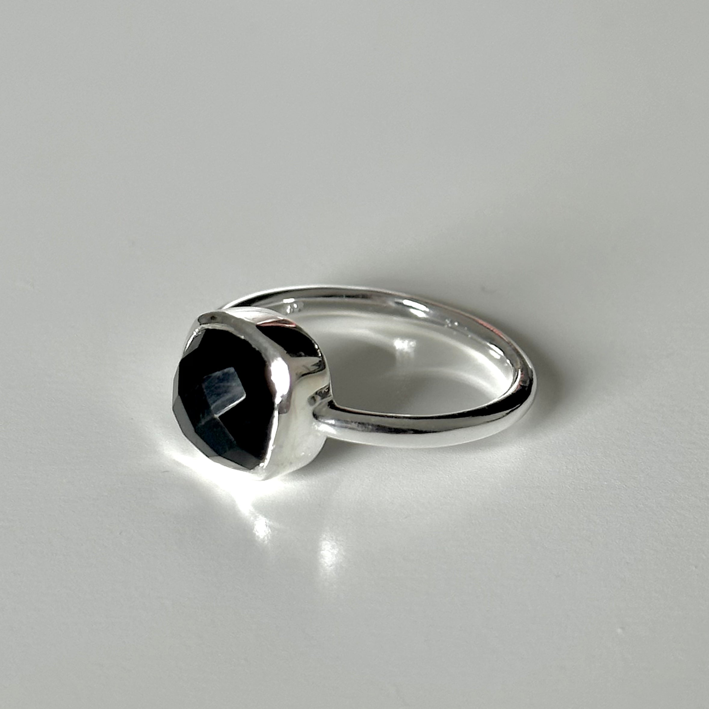 Faceted Square Cut Natural Gemstone Sterling Silver Solitaire Ring - Black Onyx