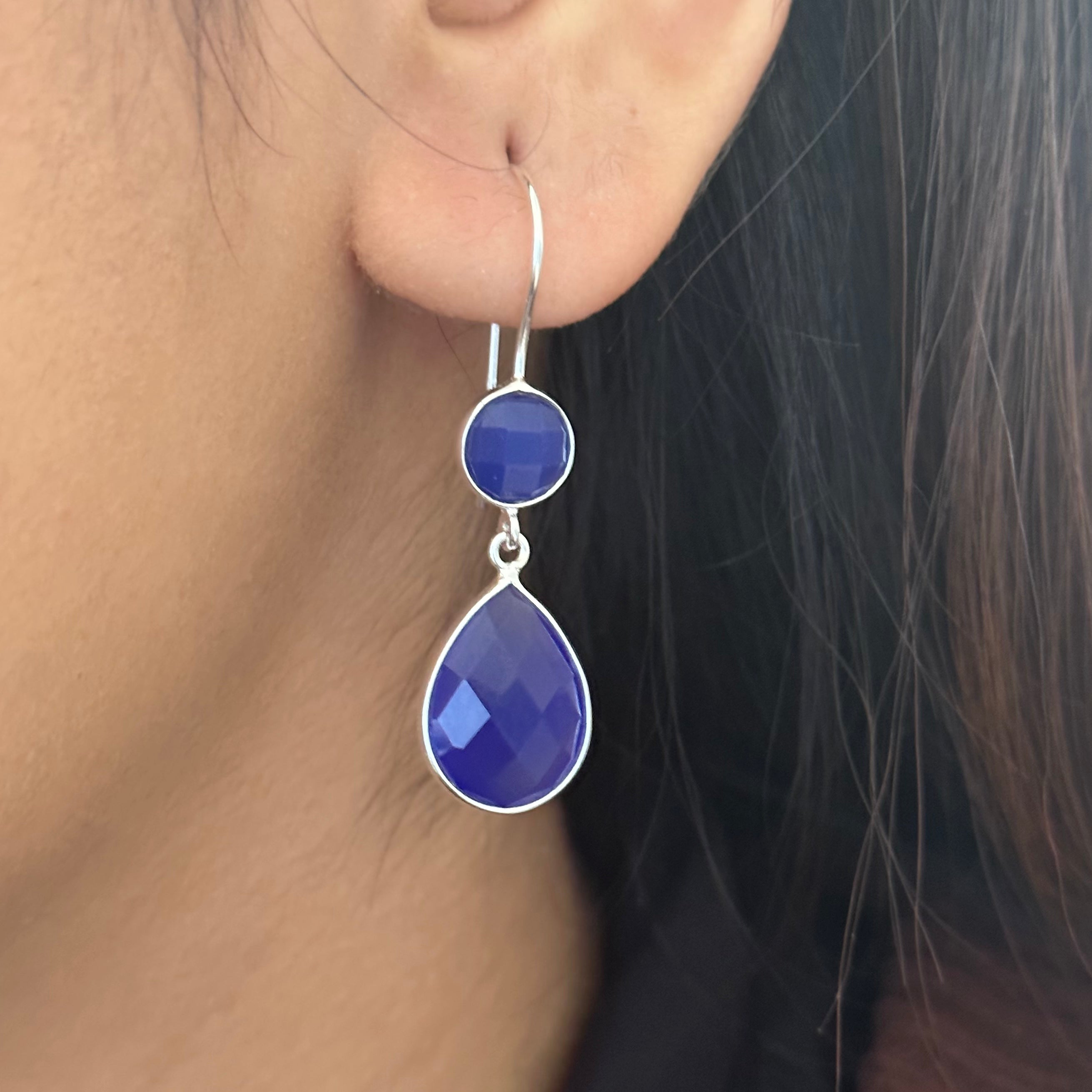 Blue Chalcedony Gemstone Two Stone Earrings in Sterling Silver - Teardrop