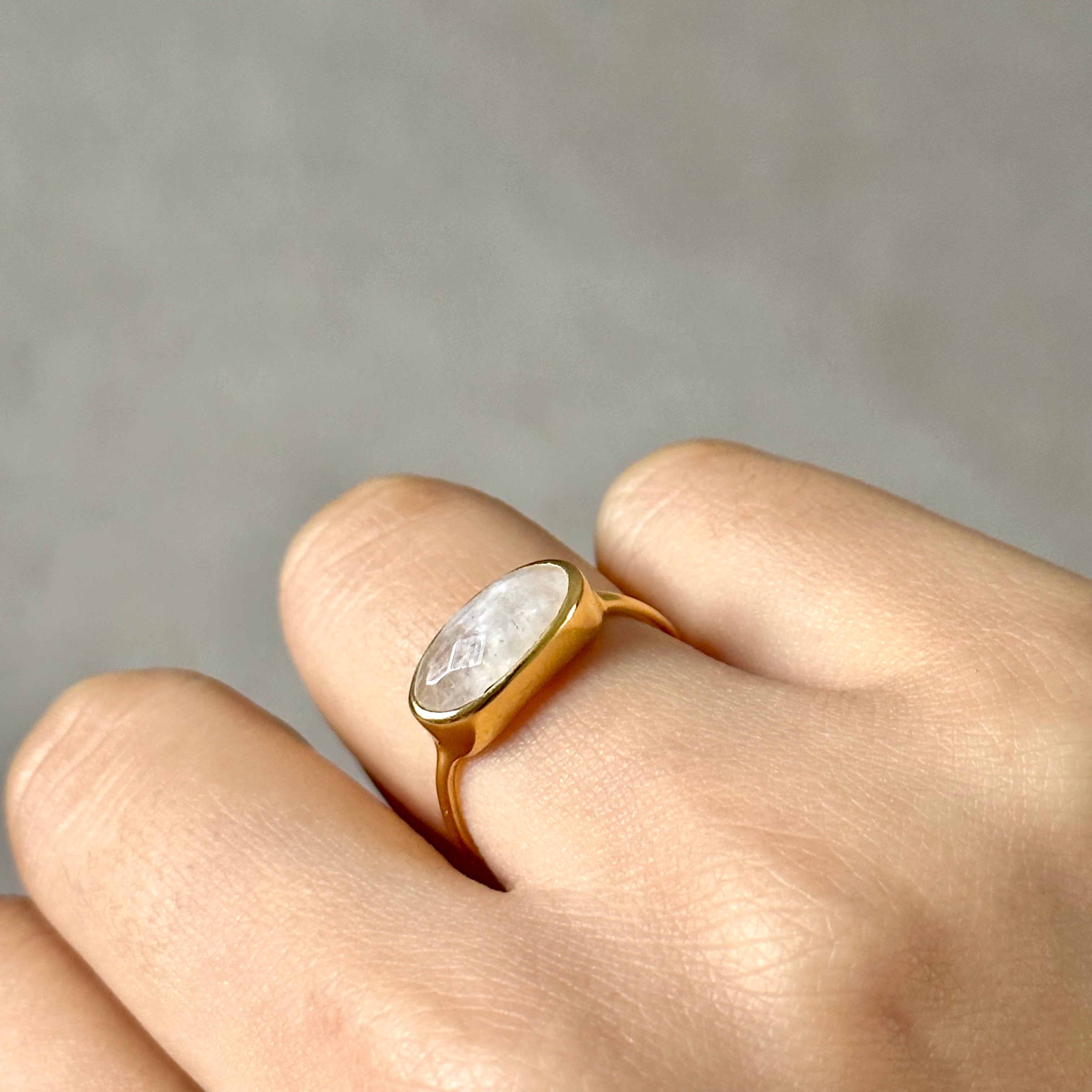Faceted Oval Cut Natural Gemstone Gold Plated Sterling Silver Fine Band Ring - Moonstone
