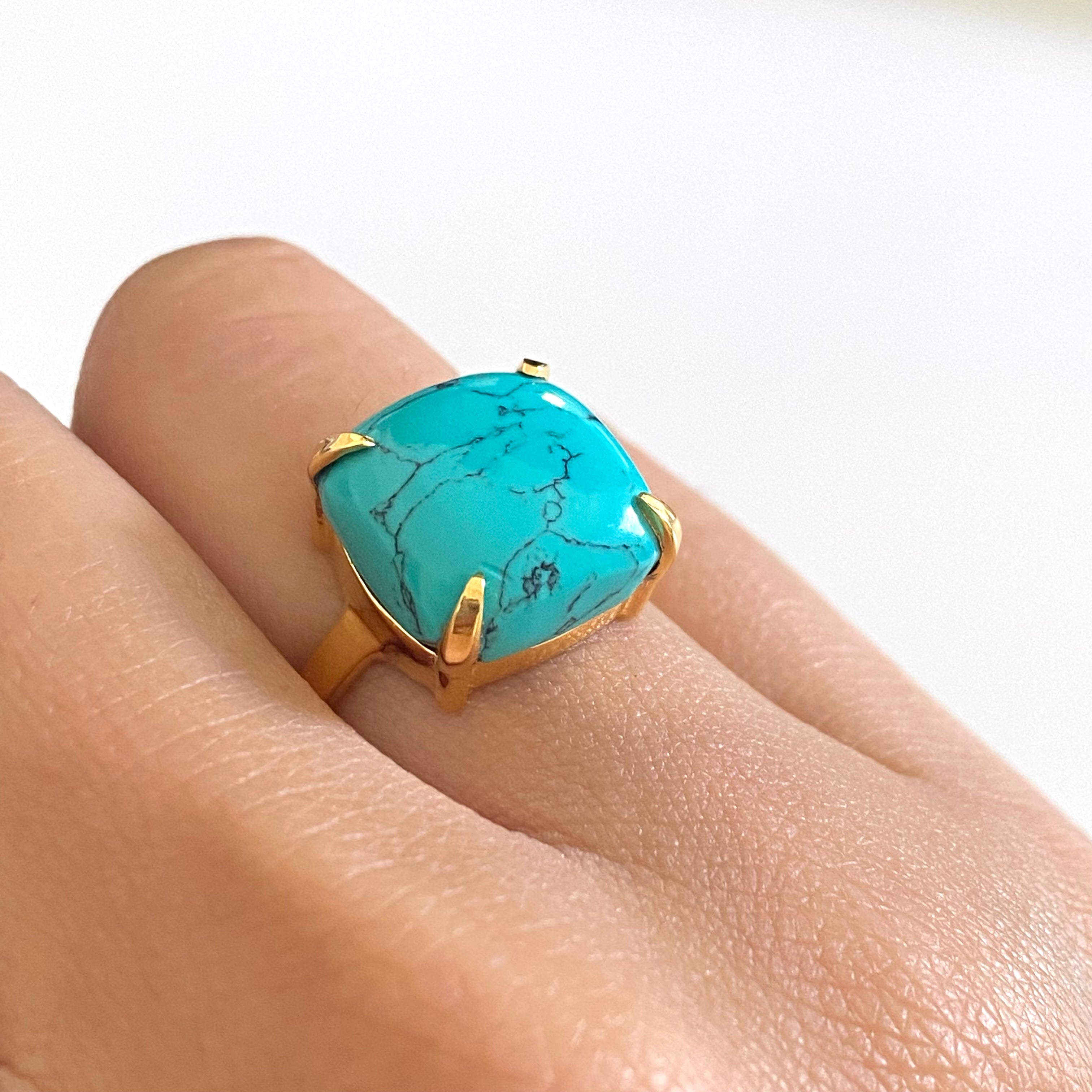Square Cabochon Turquoise Ring in Gold Plated Sterling Silver