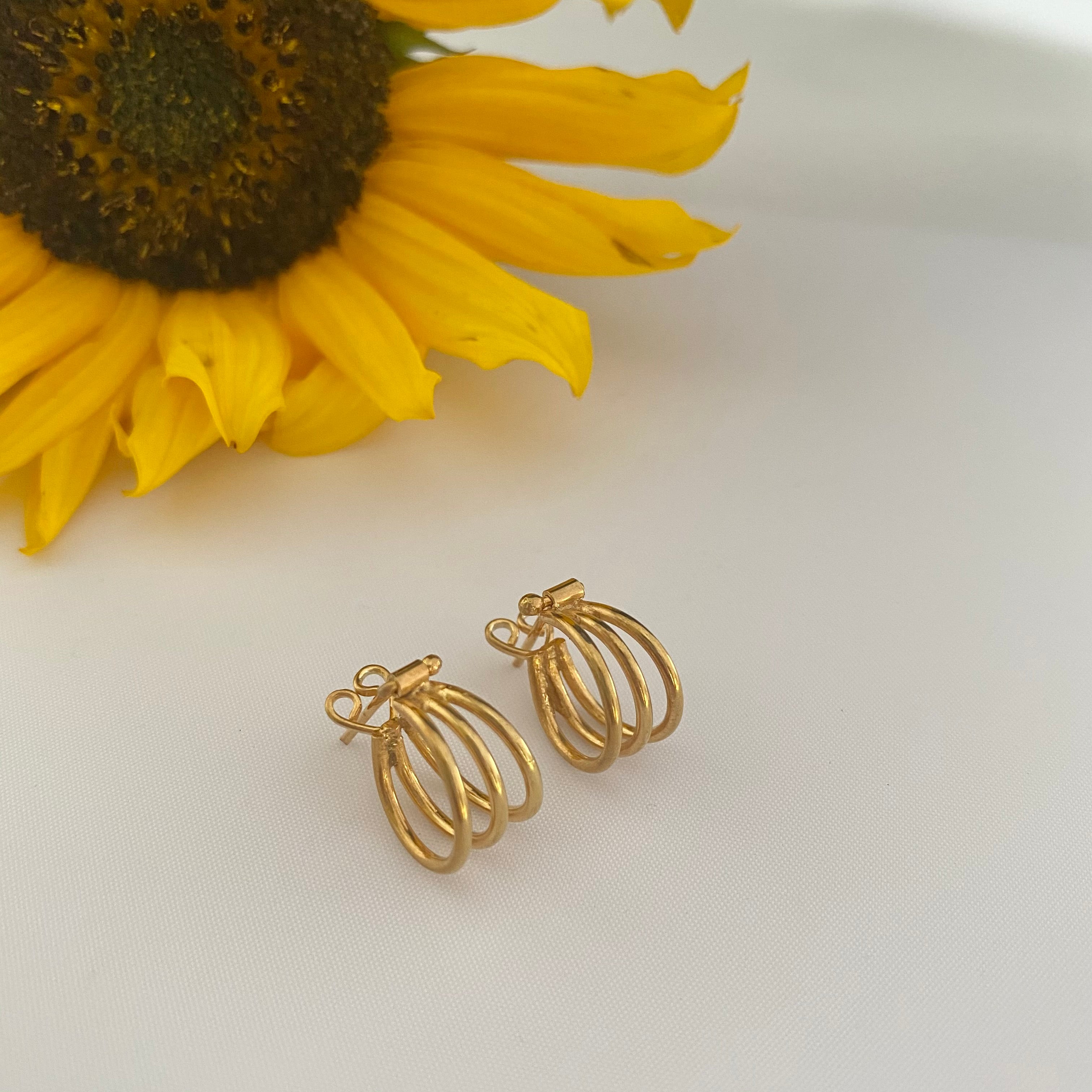Small Triple Ring Gold Plated Sterling Silver Hoop Earrings