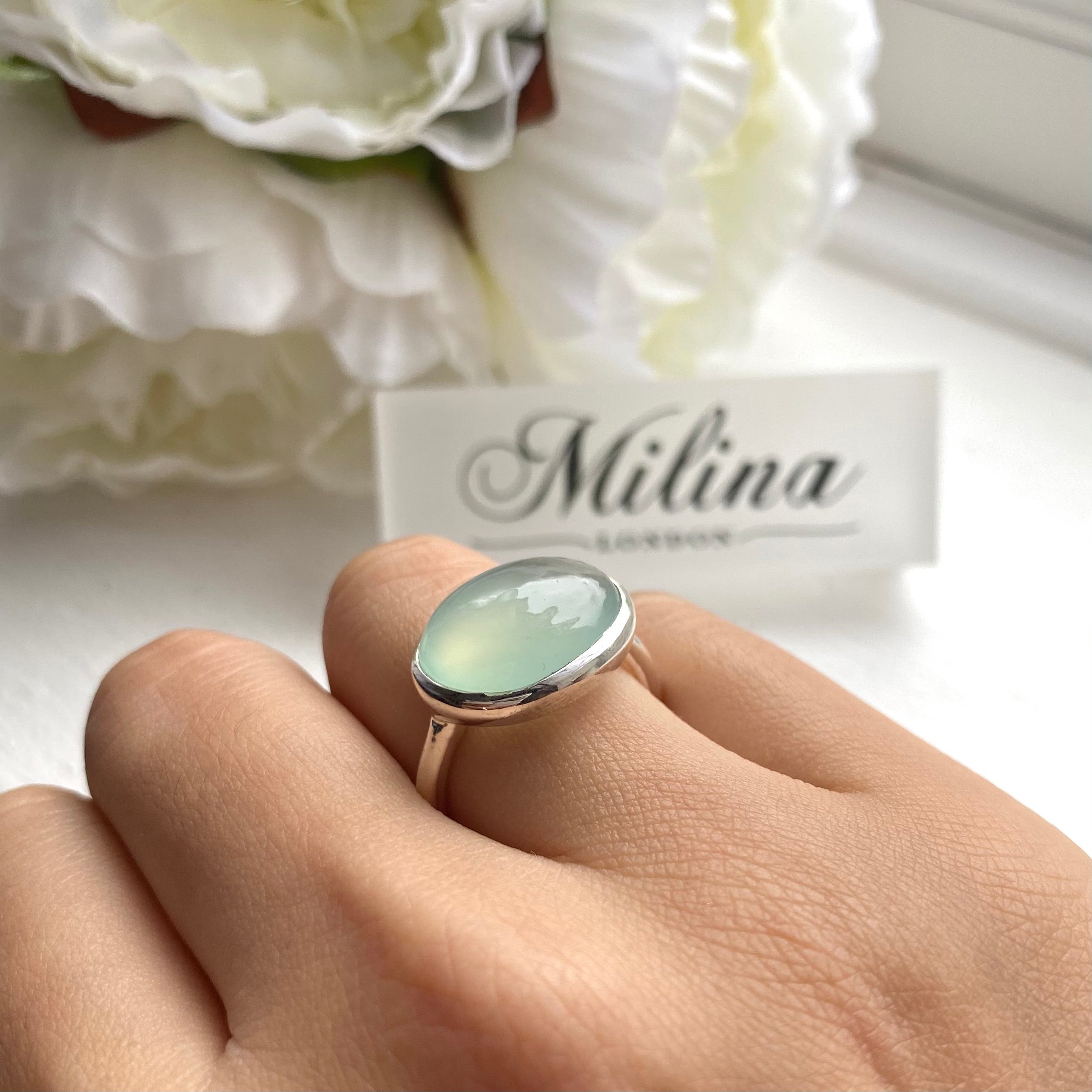 Cabochon Oval Cut Natural Gemstone Sterling Silver Ring - Aqua Chalcedony