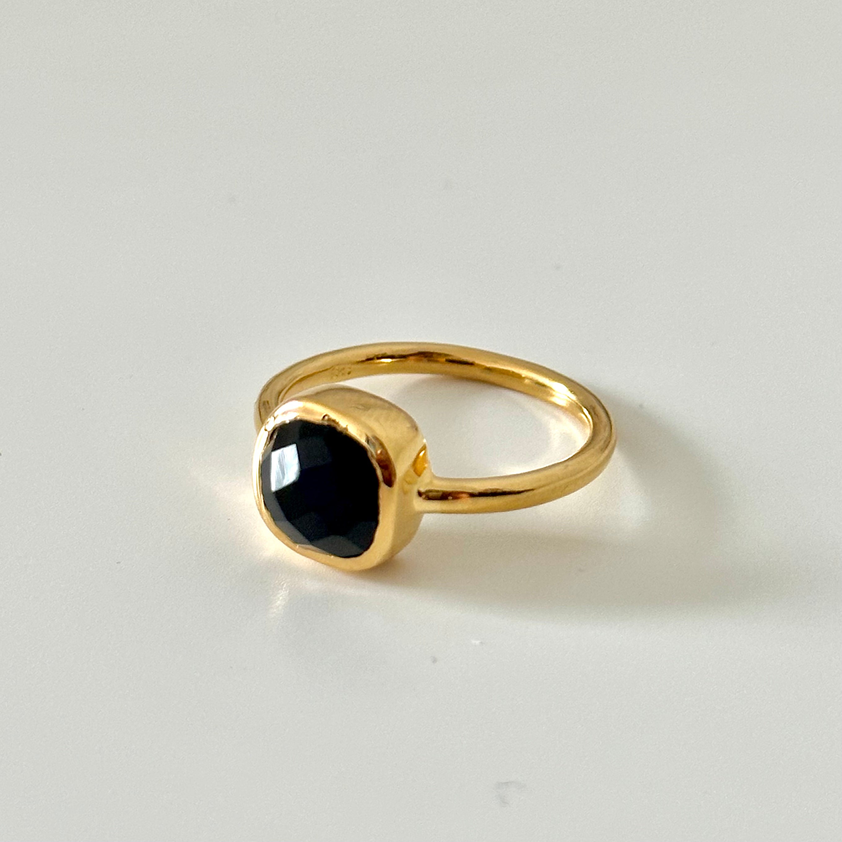 Square Cut Natural Gemstone Gold Plated Sterling Silver Solitaire Ring -Black Onyx