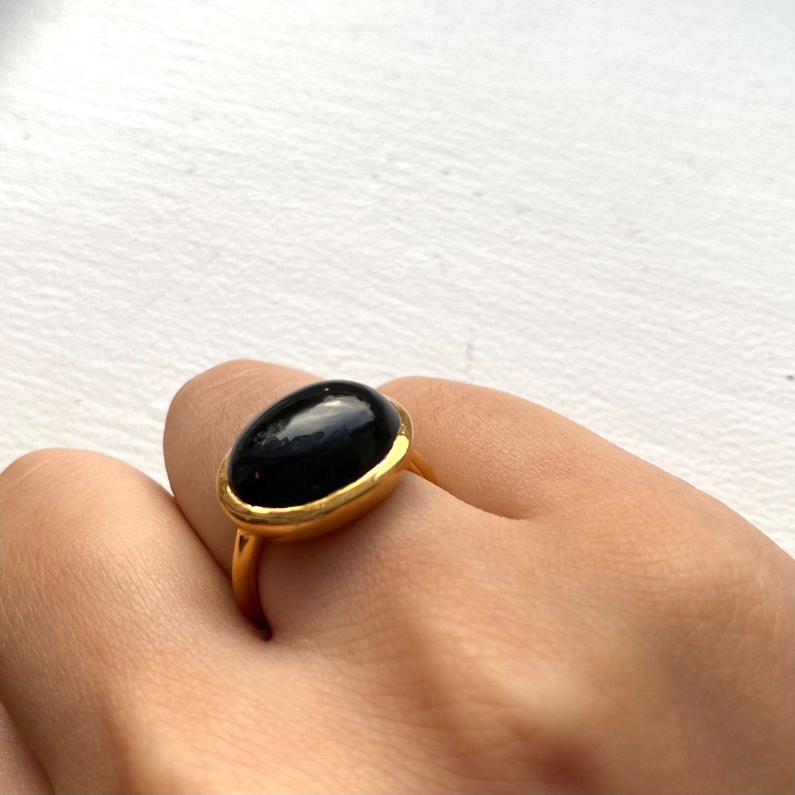 Cabochon Oval Cut Natural Gemstone Gold Plated Sterling Silver Ring - Black Onyx