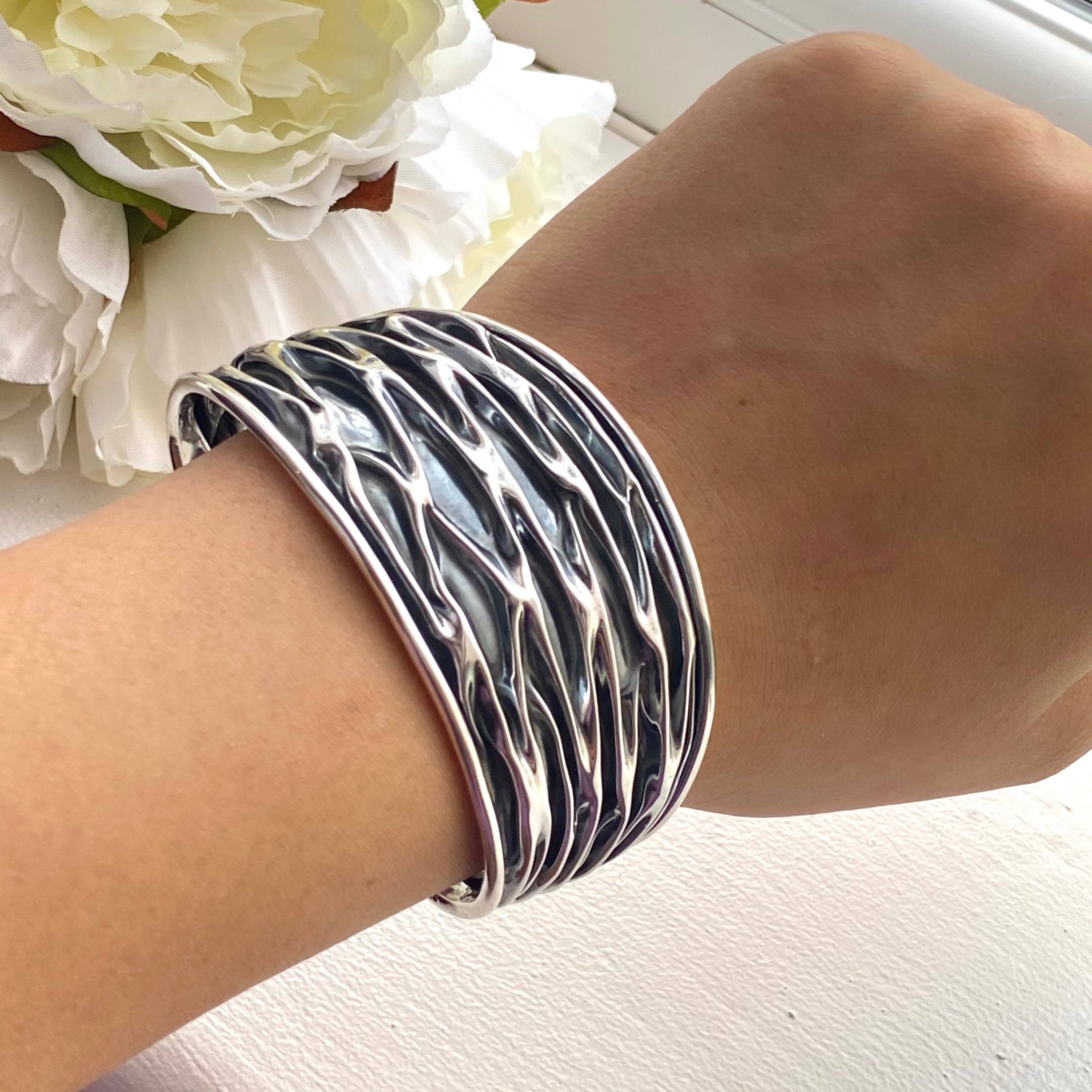 Wide Oxidised Sterling Silver Textured Patterned Cuff