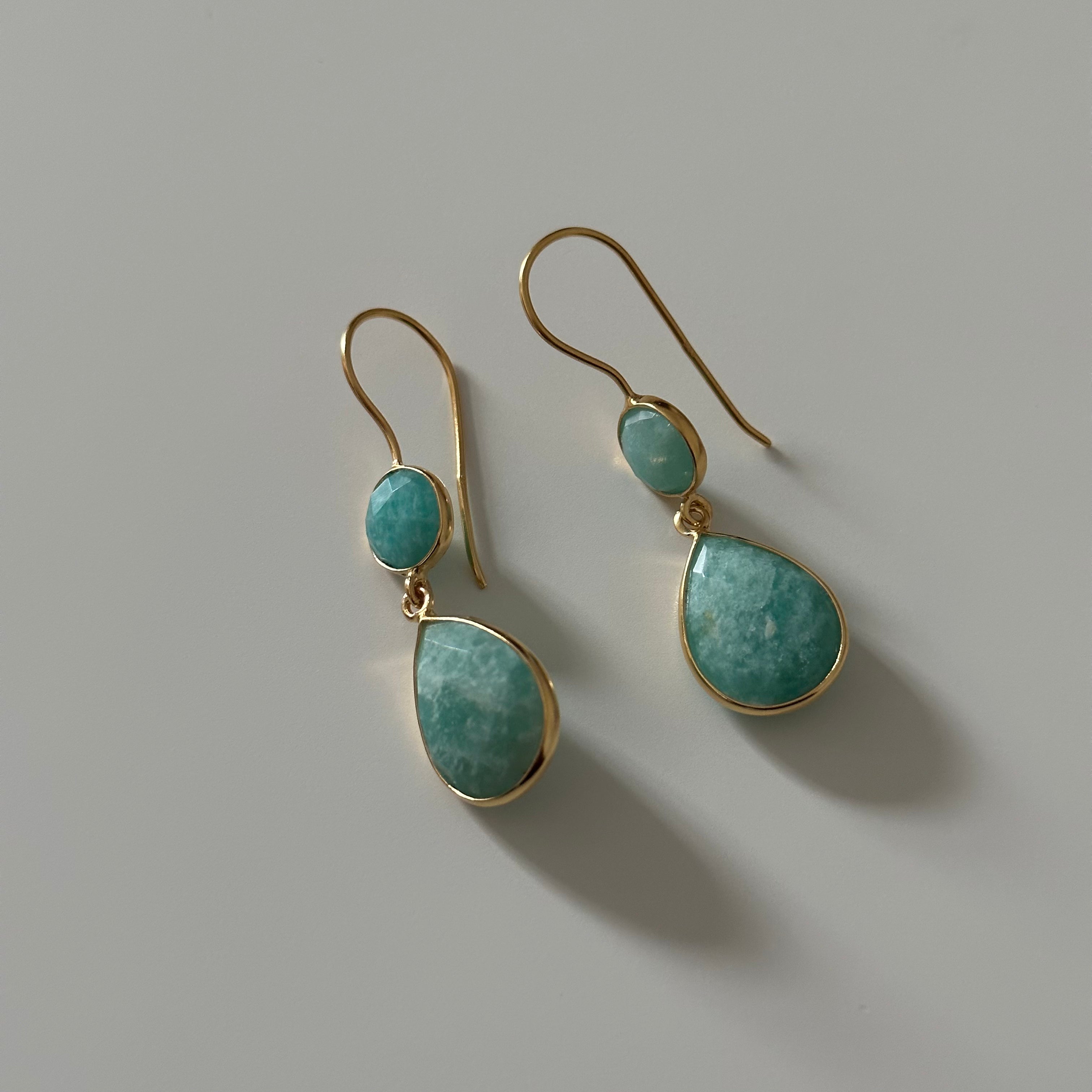 Amazonite Gemstone Two Stone Earrings in Gold Plated Sterling Silver - Teardrop