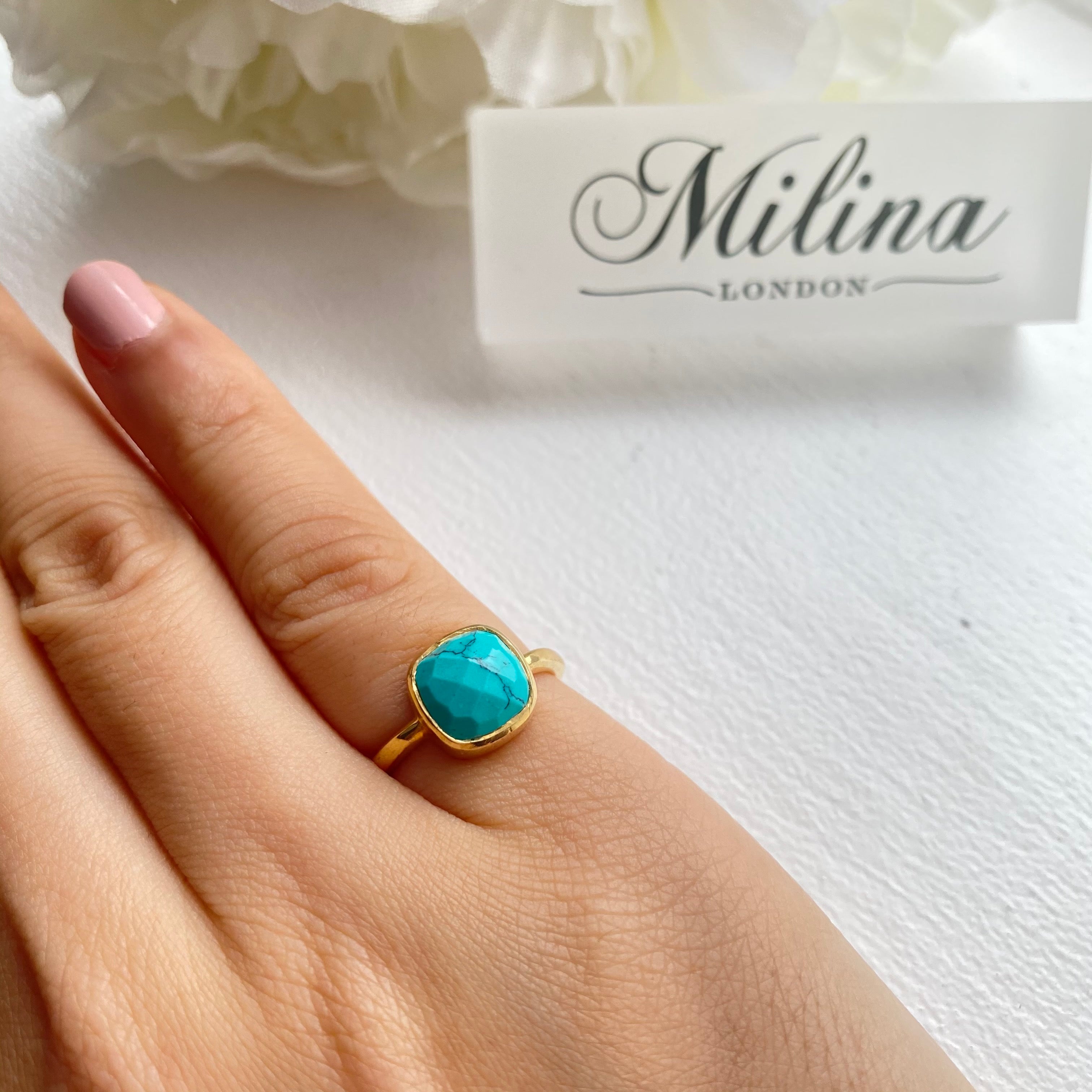 Faceted Square Cut Natural Gemstone Gold Plated Sterling Silver Solitaire Ring - Turquoise