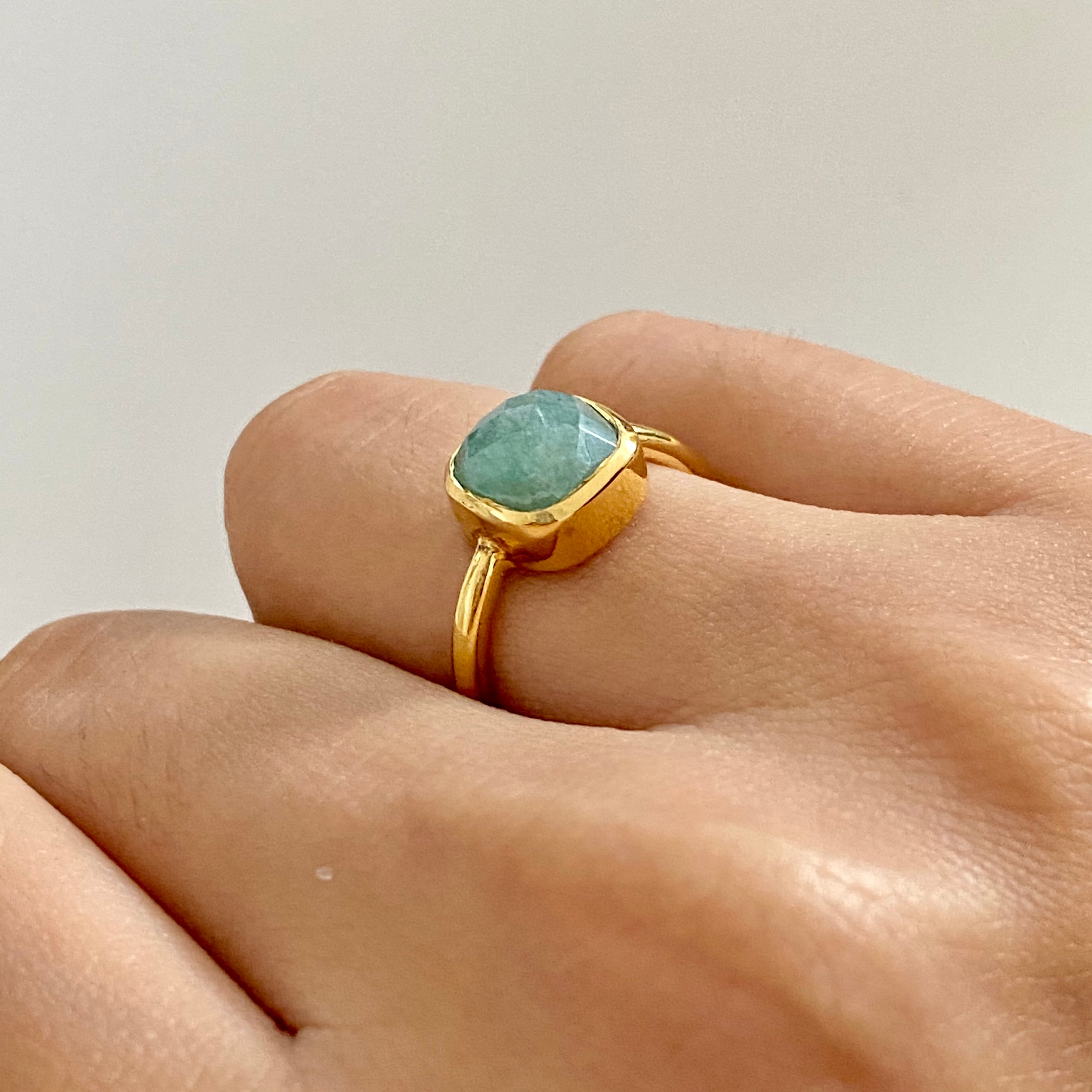 Faceted Square Cut Natural Gemstone Gold Plated Sterling Silver Solitaire Ring - Amazonite