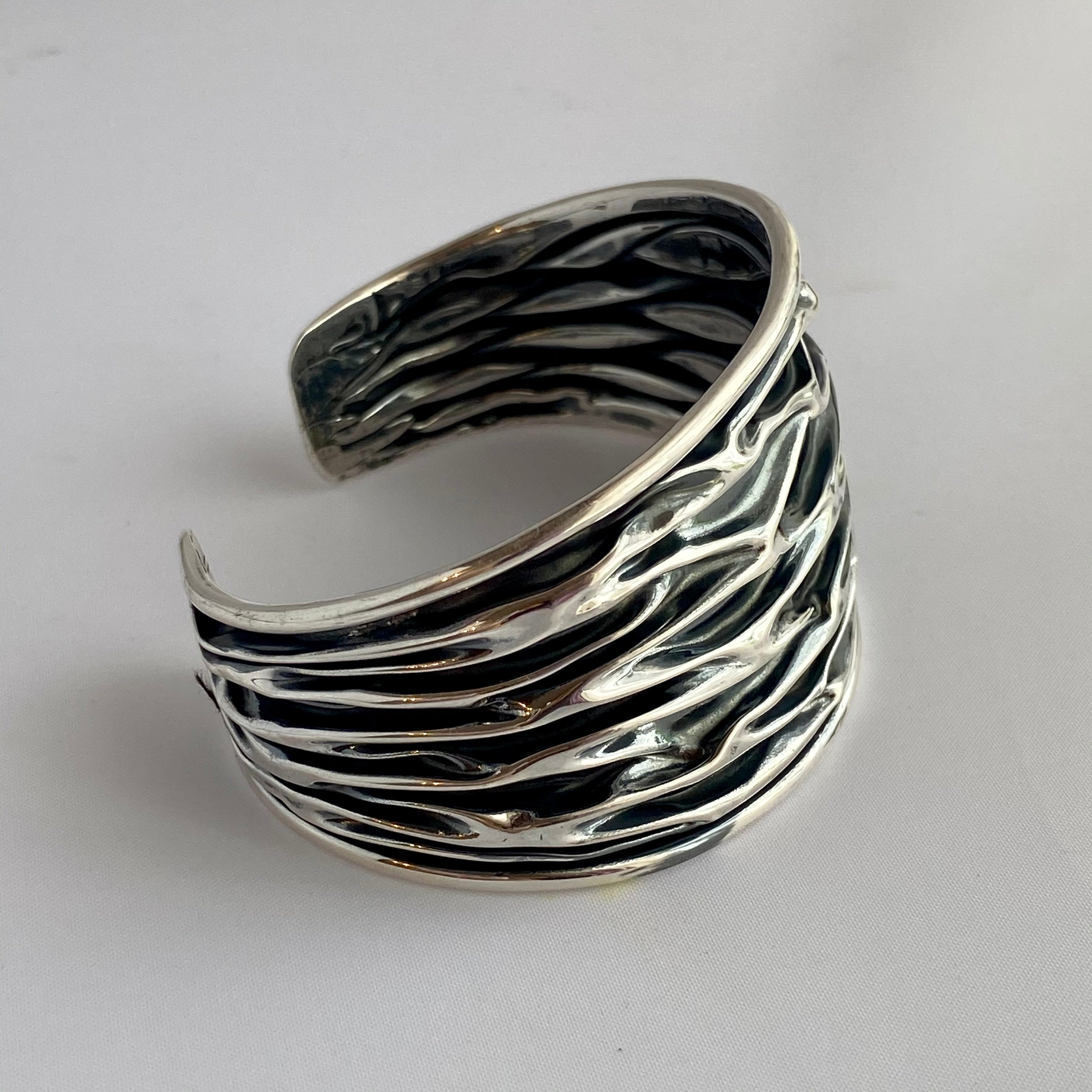 Wide Oxidised Sterling Silver Textured Patterned Cuff