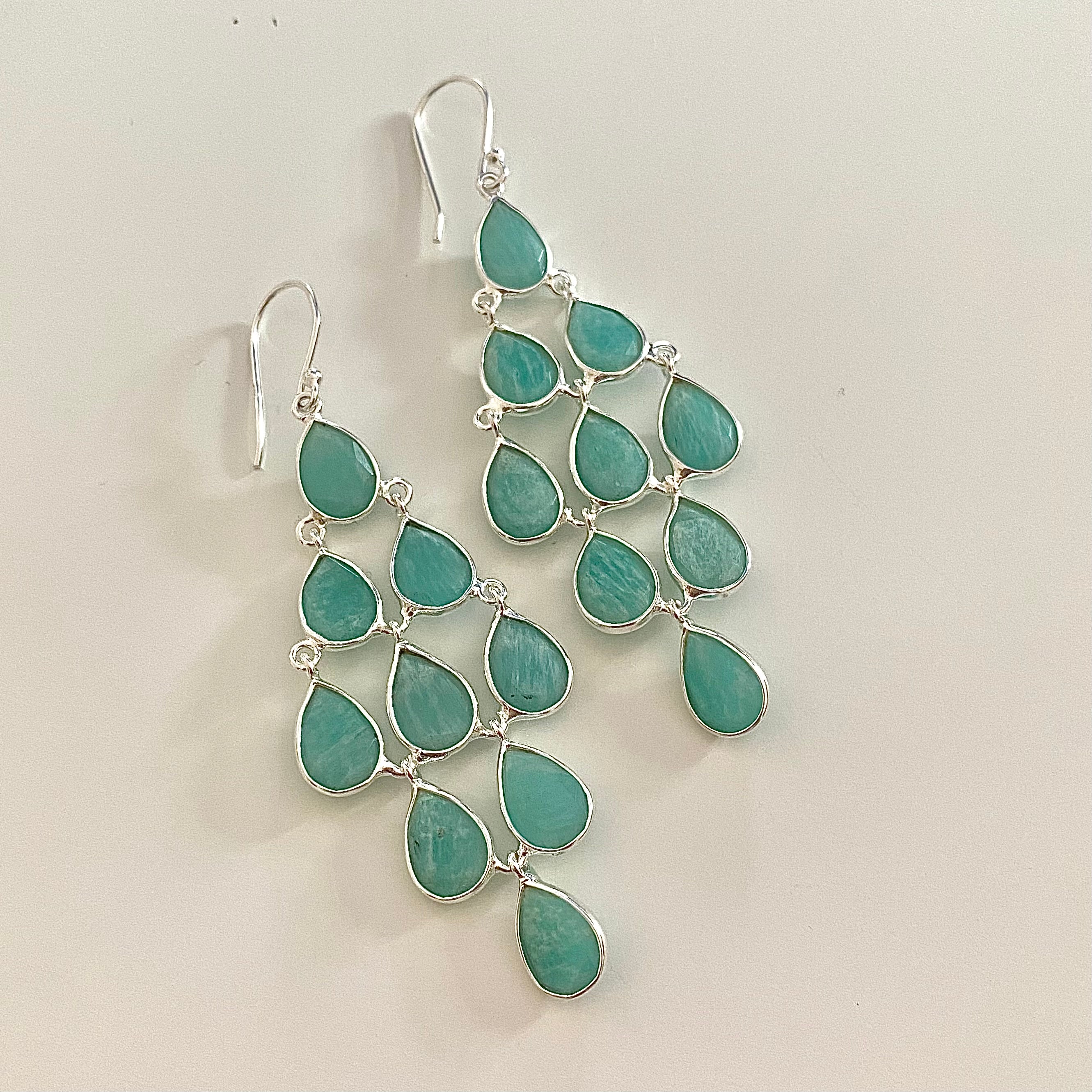 Sterling Silver Chandelier Earrings with Natural Gemstones - Amazonite