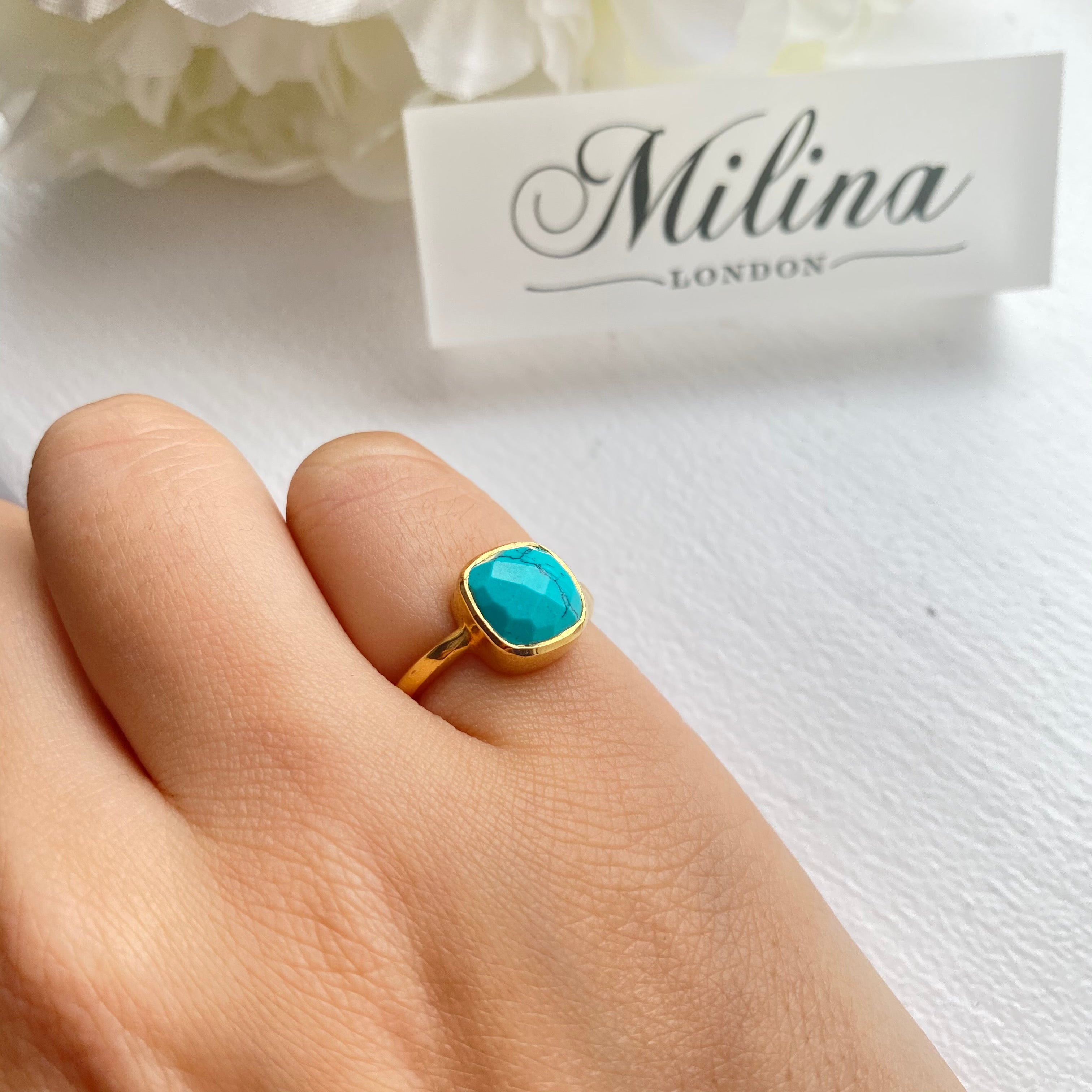 Faceted Square Cut Natural Gemstone Gold Plated Sterling Silver Solitaire Ring - Turquoise