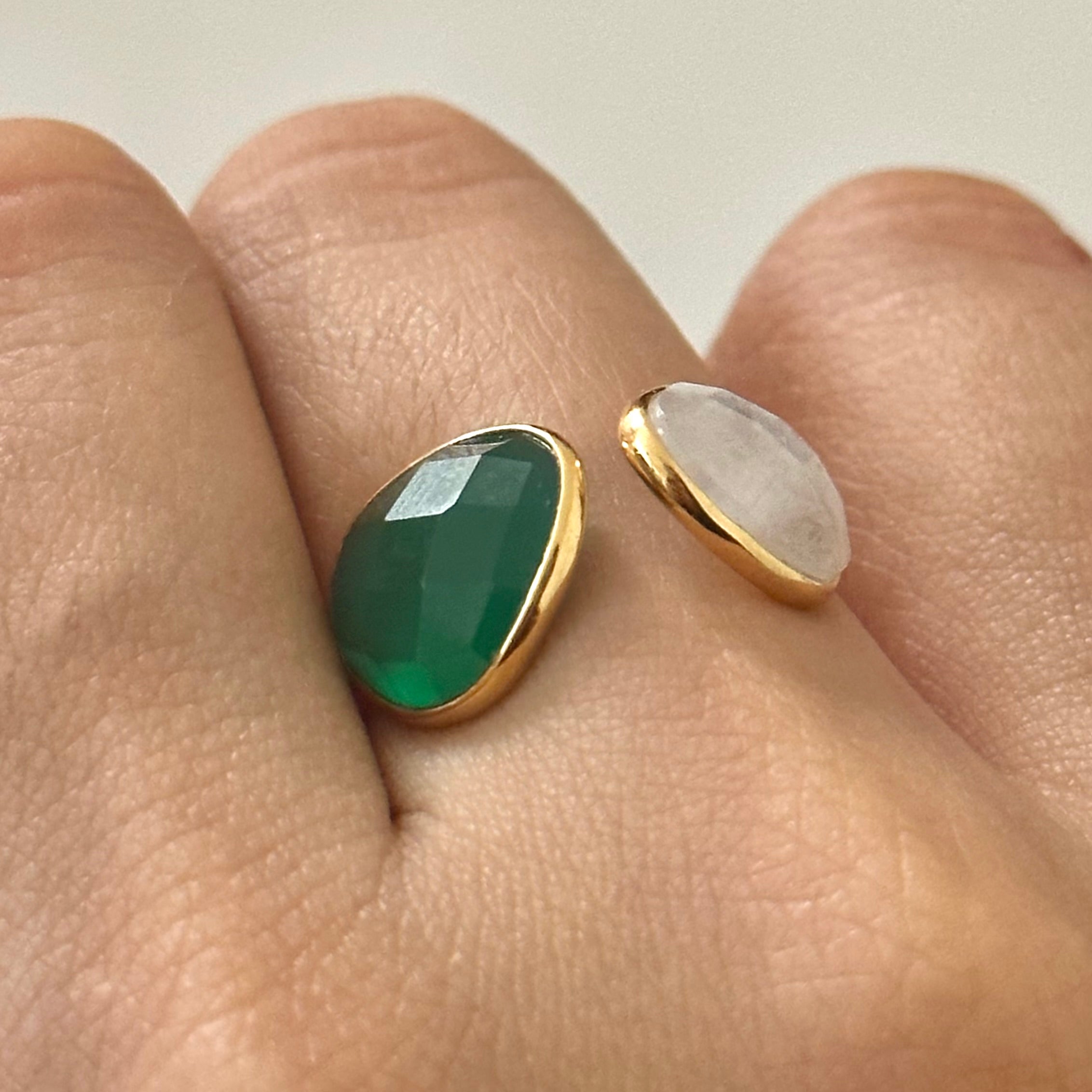 Gold Plated Sterling Silver Two Gemstone Ring with Green Onyx and Moonstone