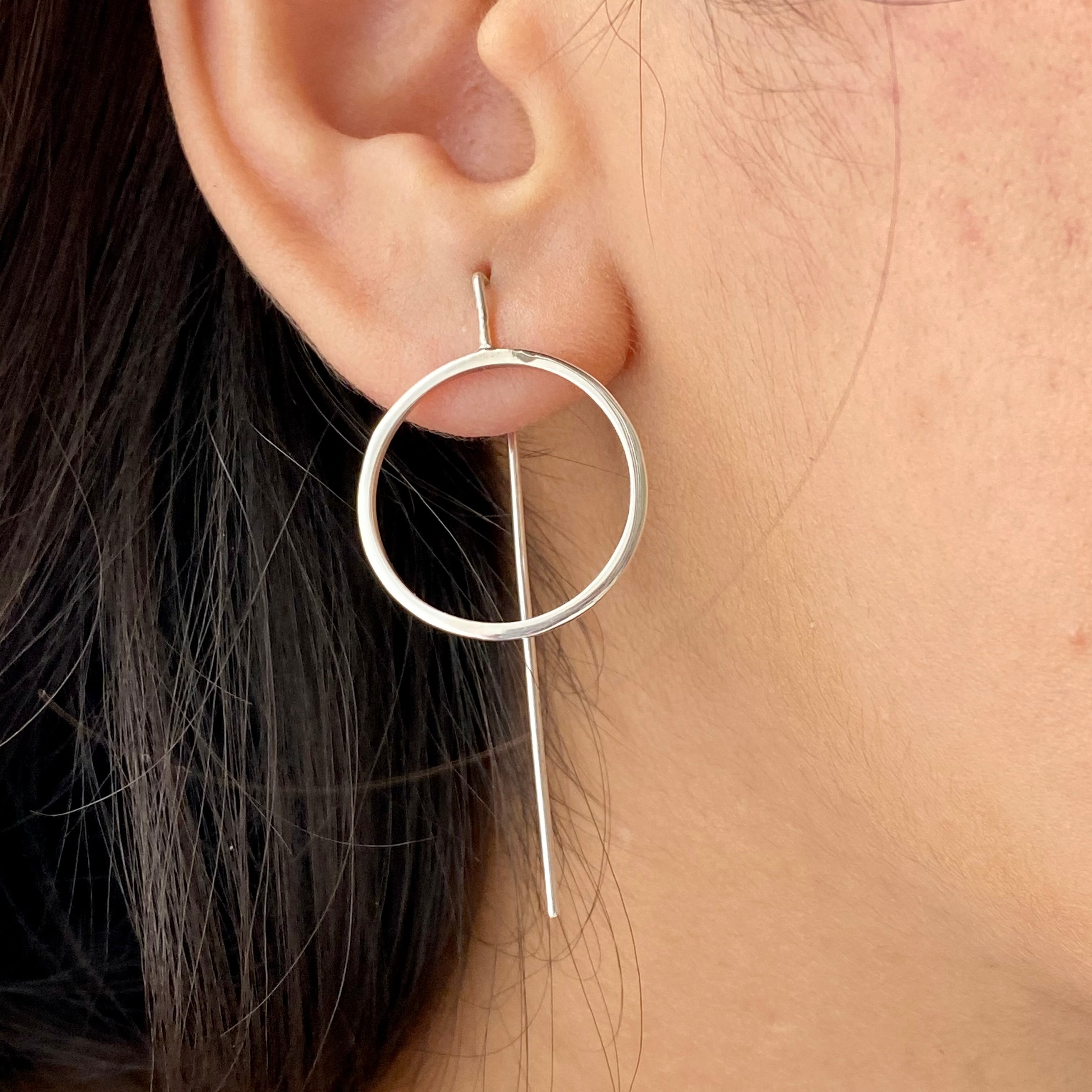 Sterling Silver Hollow Circle Earrings with a Long Straight Back