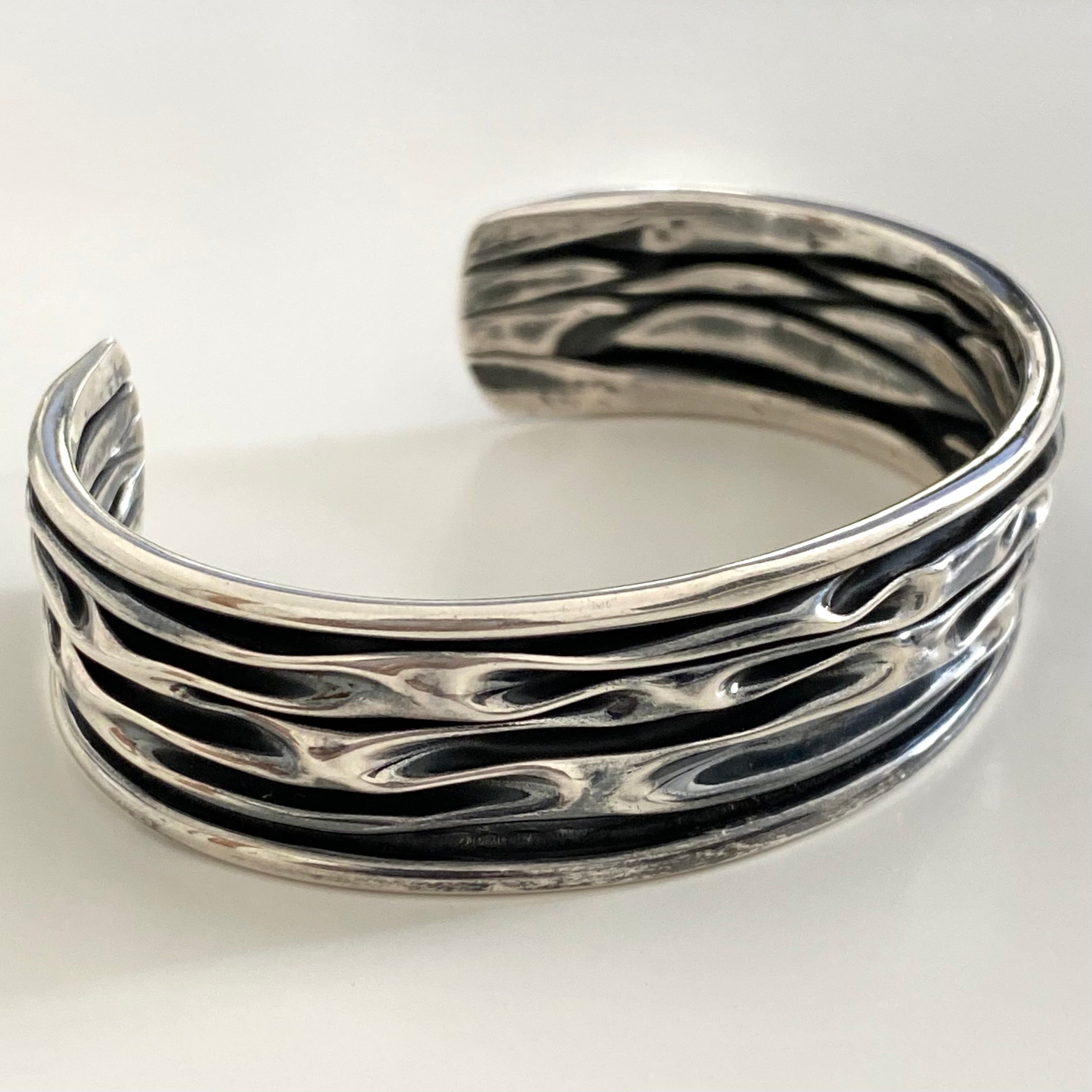 Oxidised Sterling Silver Textured Patterned Cuff - Narrow