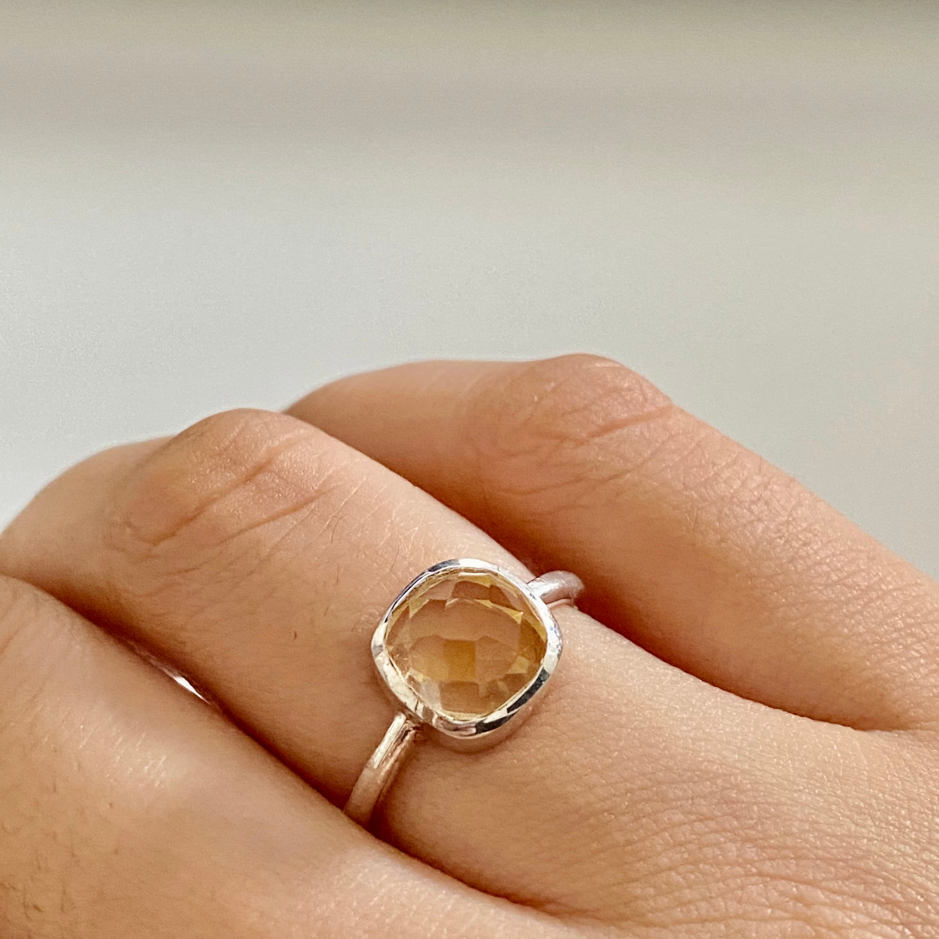 Faceted Square Cut Natural Gemstone Sterling Silver Solitaire Ring - Citrine