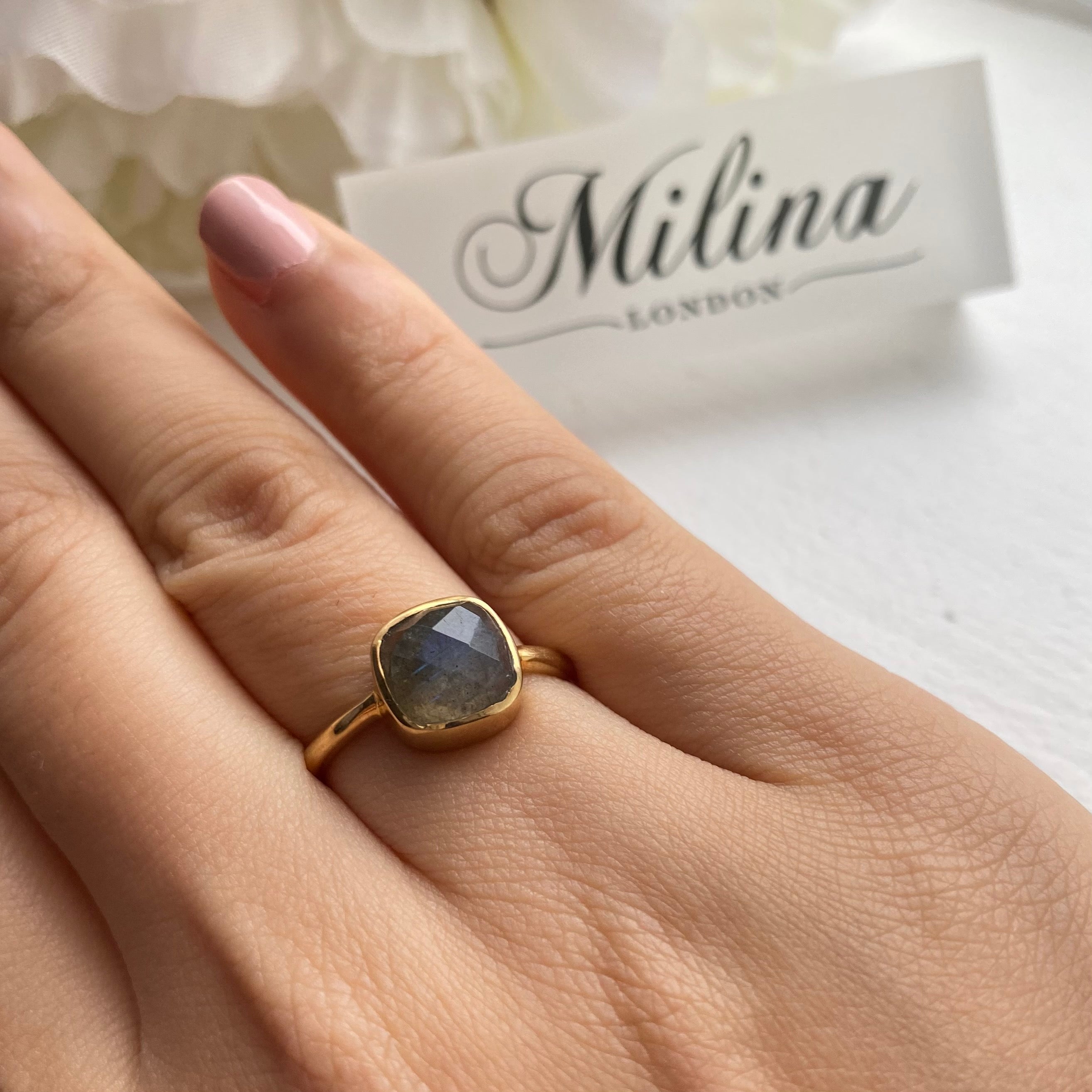 Faceted Square Cut Natural Gemstone Gold Plated Sterling Silver Solitaire Ring - Labradorite
