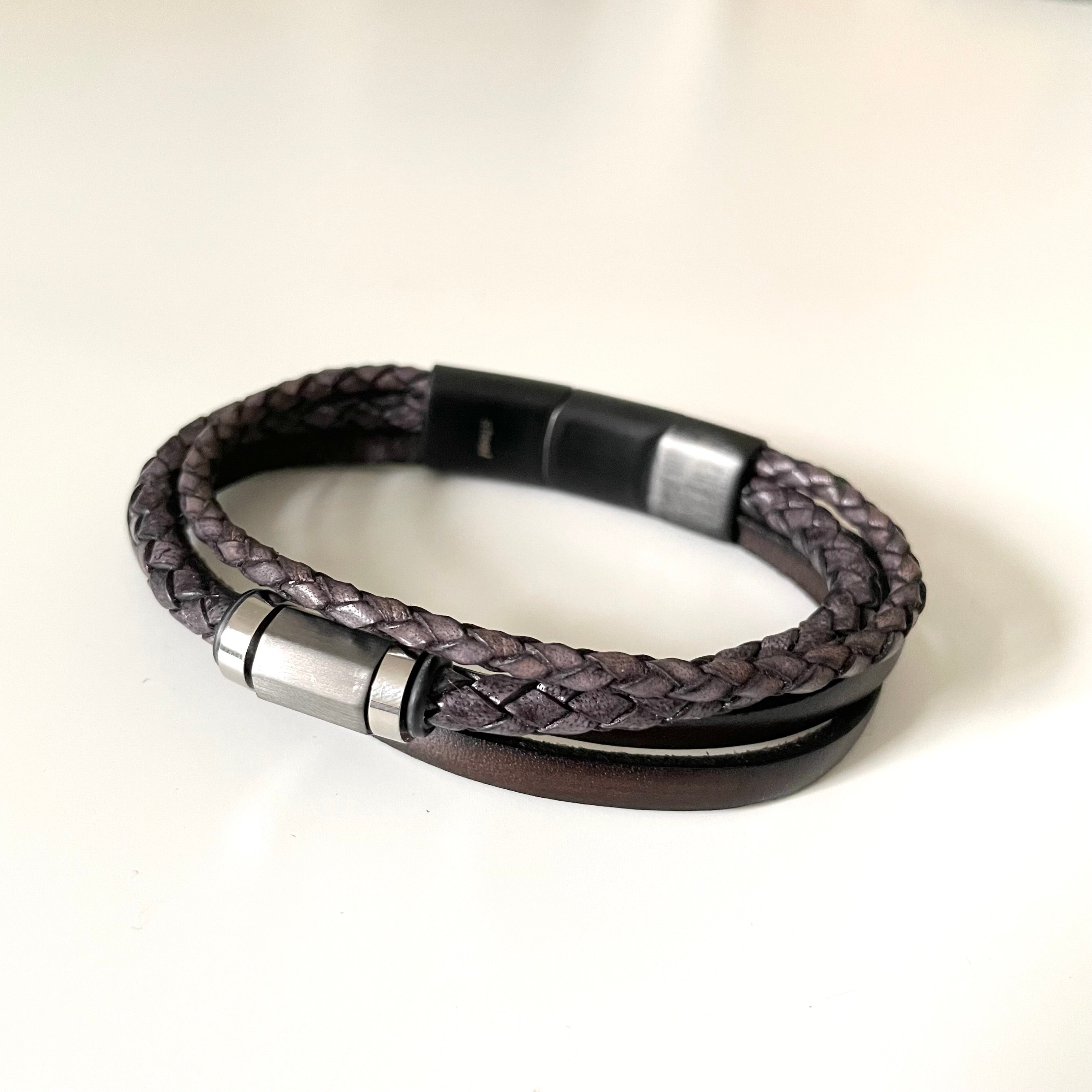 Black Nappa Leather 3 Strap Braided and Flat Band Bracelet with a Stylish Large Steel Spacer and Magnetic Clasp in Black Satin Finish