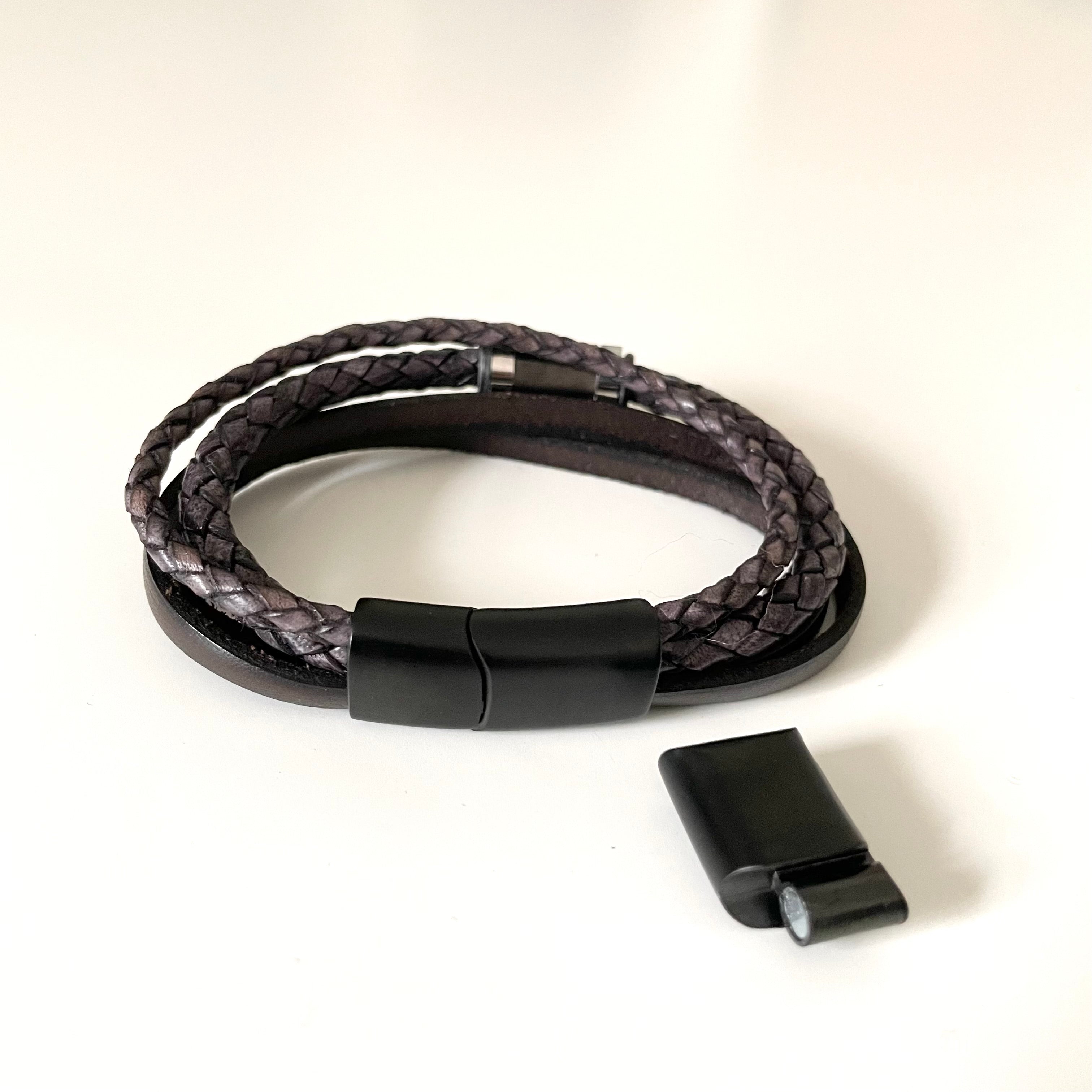 Black Nappa Leather 3 Strap Braided and Flat Band Bracelet with a Stylish Large Steel Spacer and Magnetic Clasp in Black Satin Finish