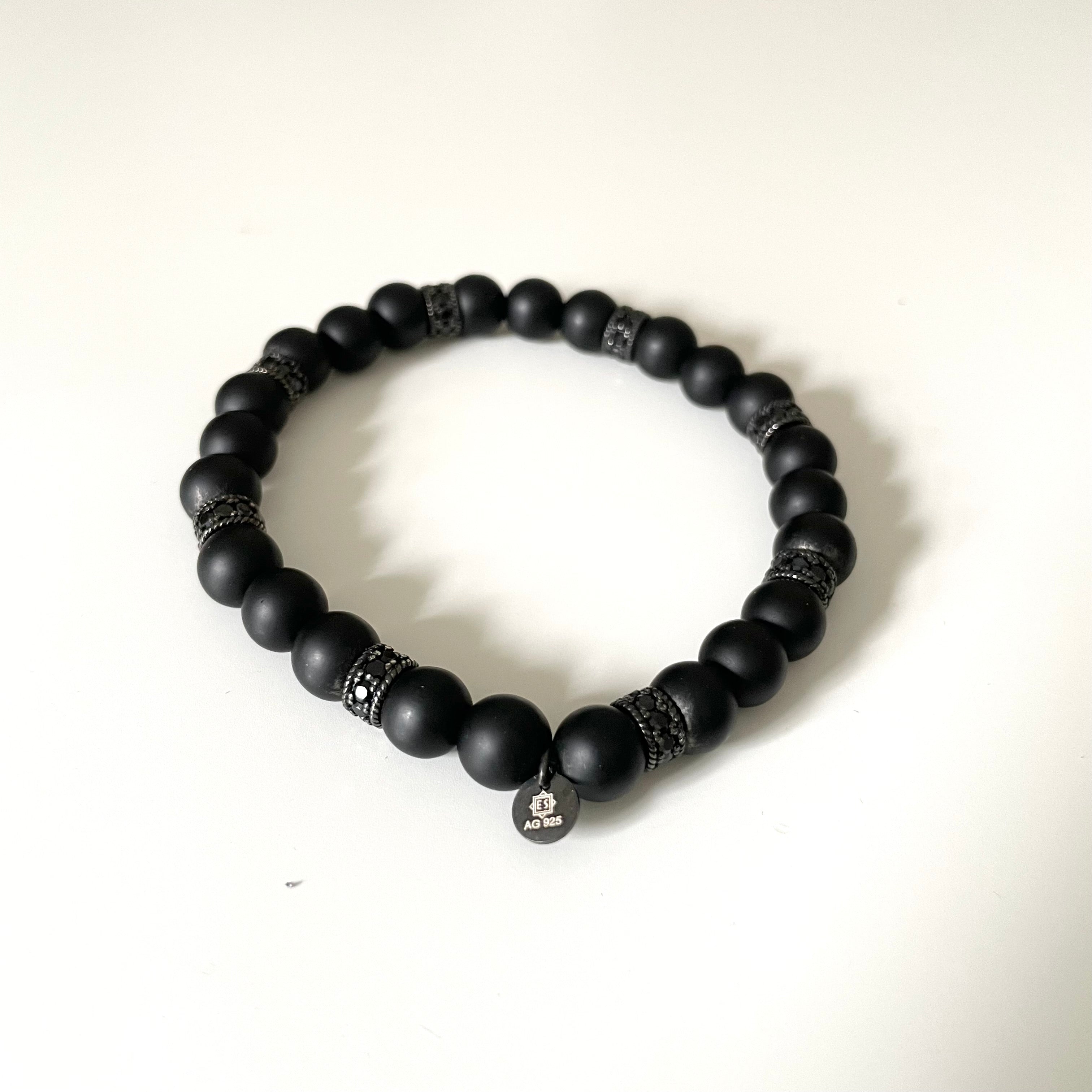 Matte Black Onyx Bead Bracelet with Zirconia Faceted Ruthenium-Plated Spacers