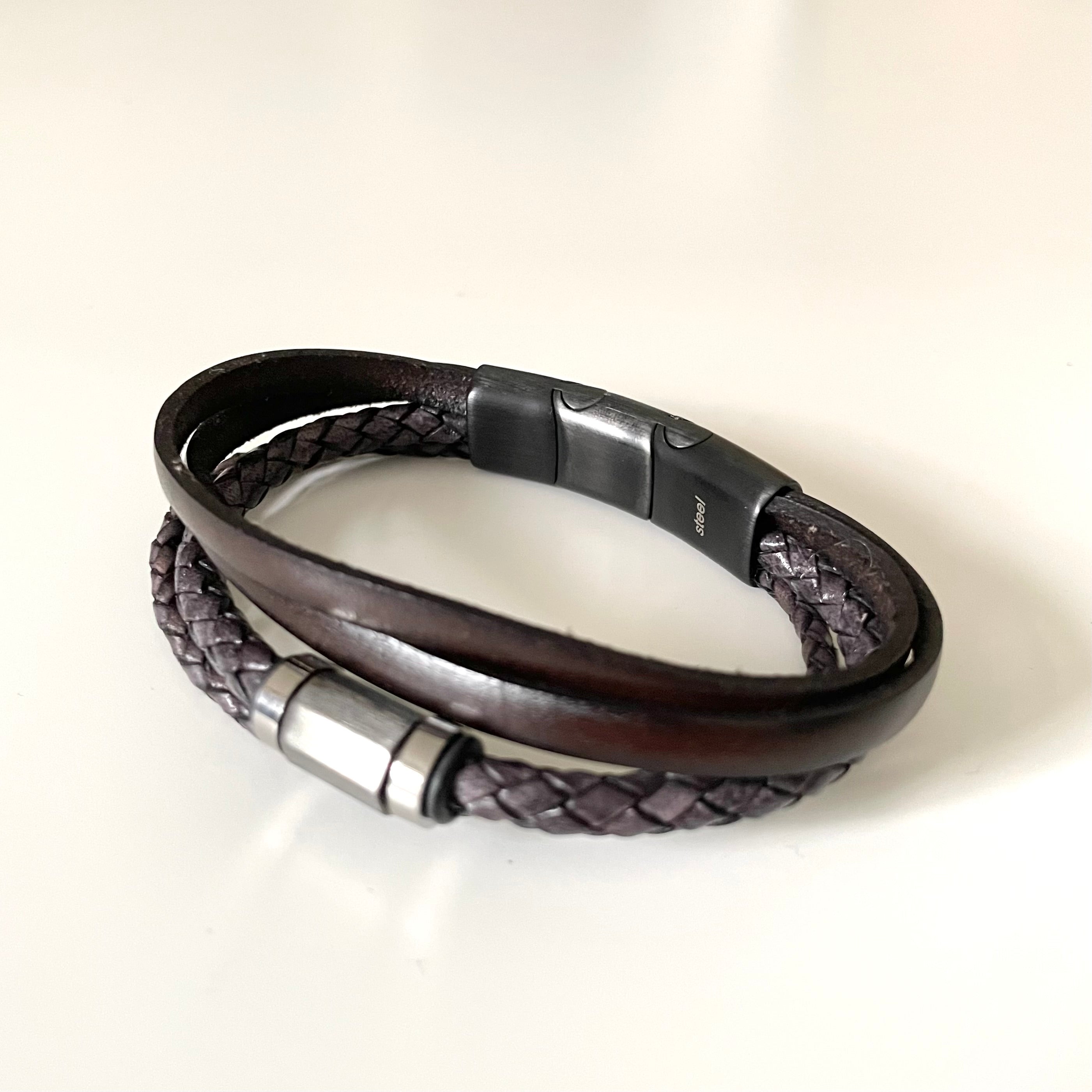 Black Nappa Leather 3 Strap Braided and Flat Band Bracelet with a Stylish Large Steel Spacer and Magnetic Clasp in Black Satin Finish
