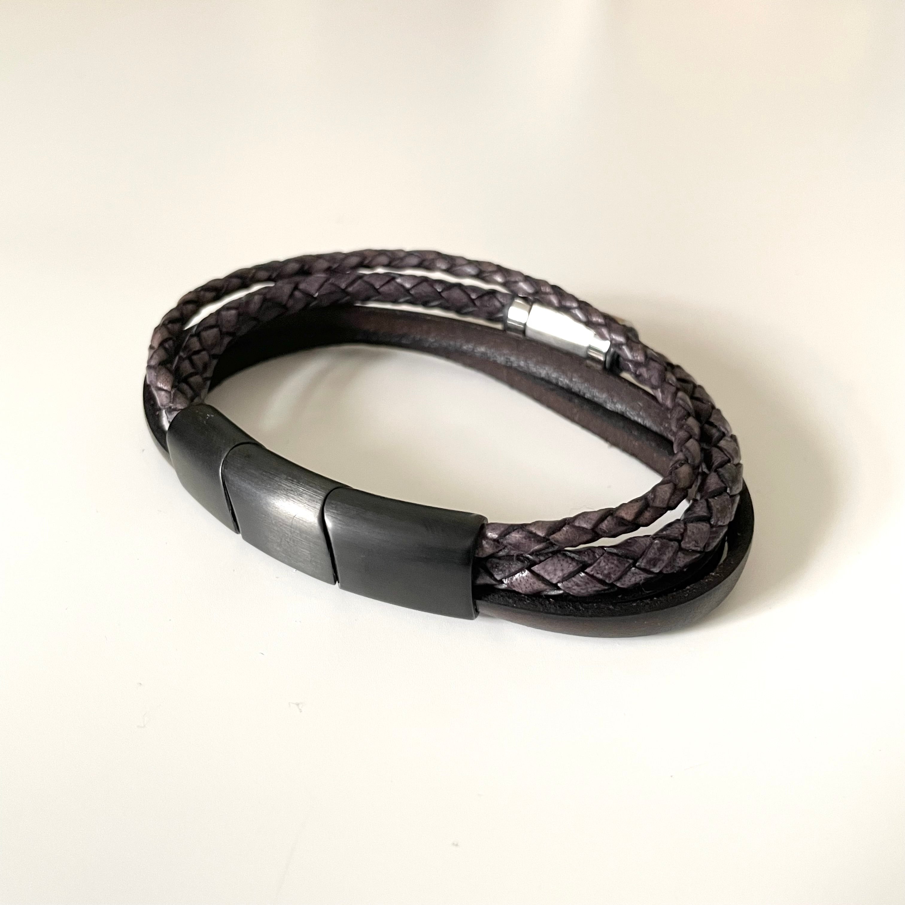 Black Nappa Leather 3 Strap Braided and Flat Band Bracelet with a Stylish Large Steel Spacer and Magnetic Clasp in Black Satin Finish