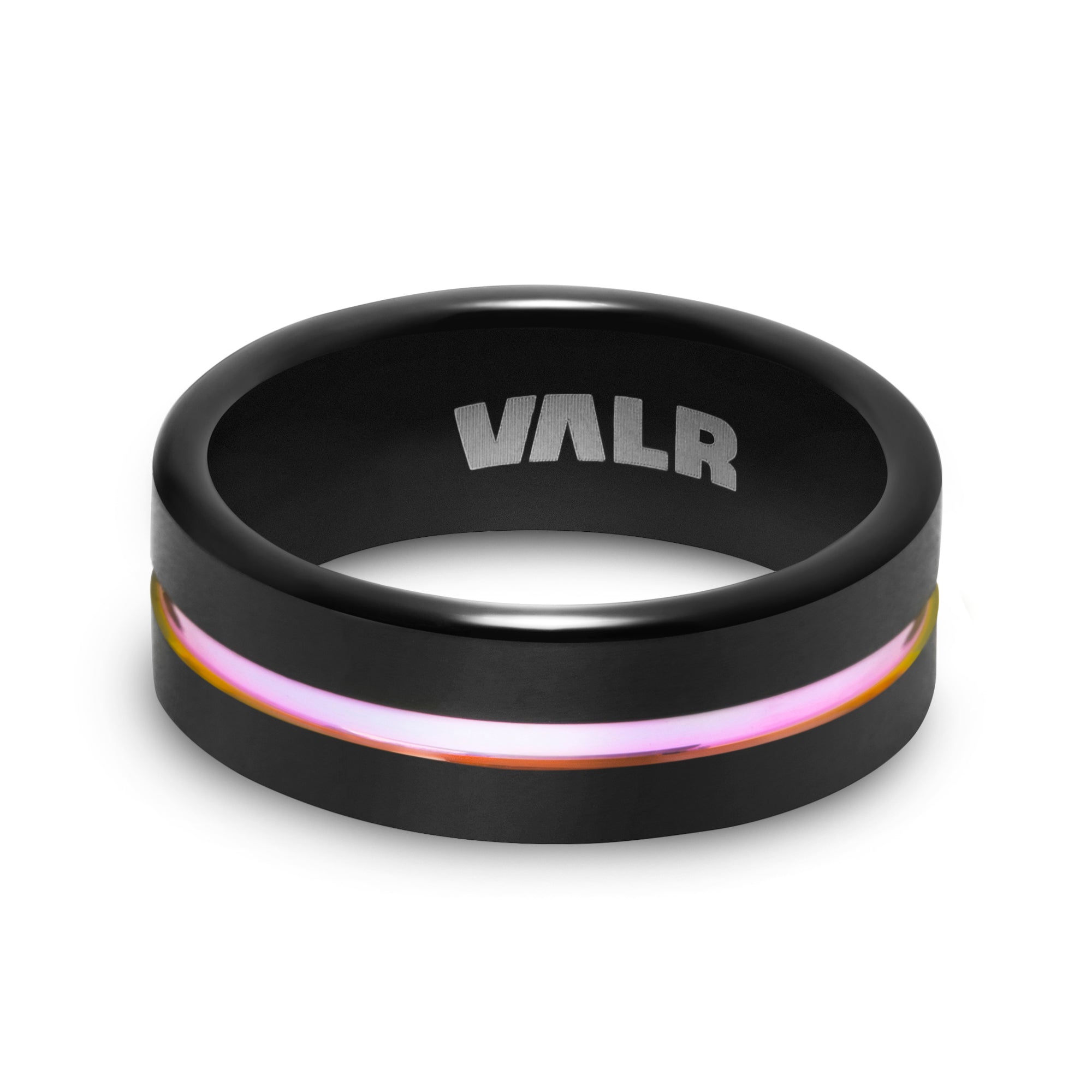 Black Tungsten Ring with a Rainbow Band | The Spectre Ring | Milina London