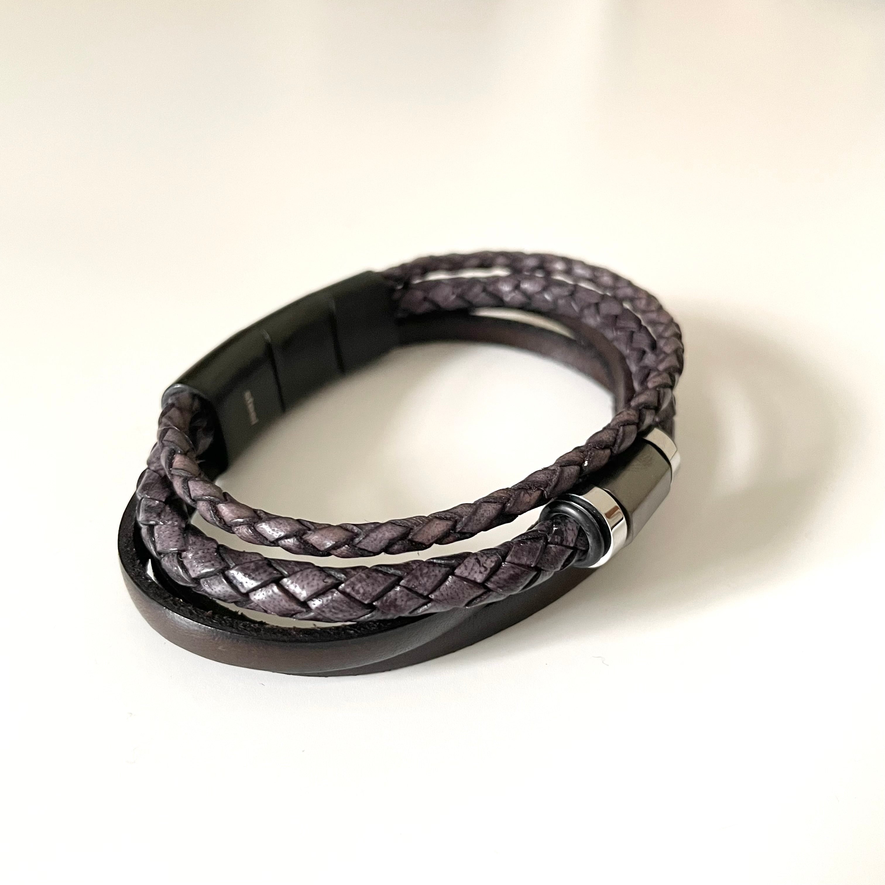Black Nappa Leather 3 Strap Braided and Flat Band Bracelet with a Stylish Large Steel Spacer and Magnetic Clasp in Black Satin Finish