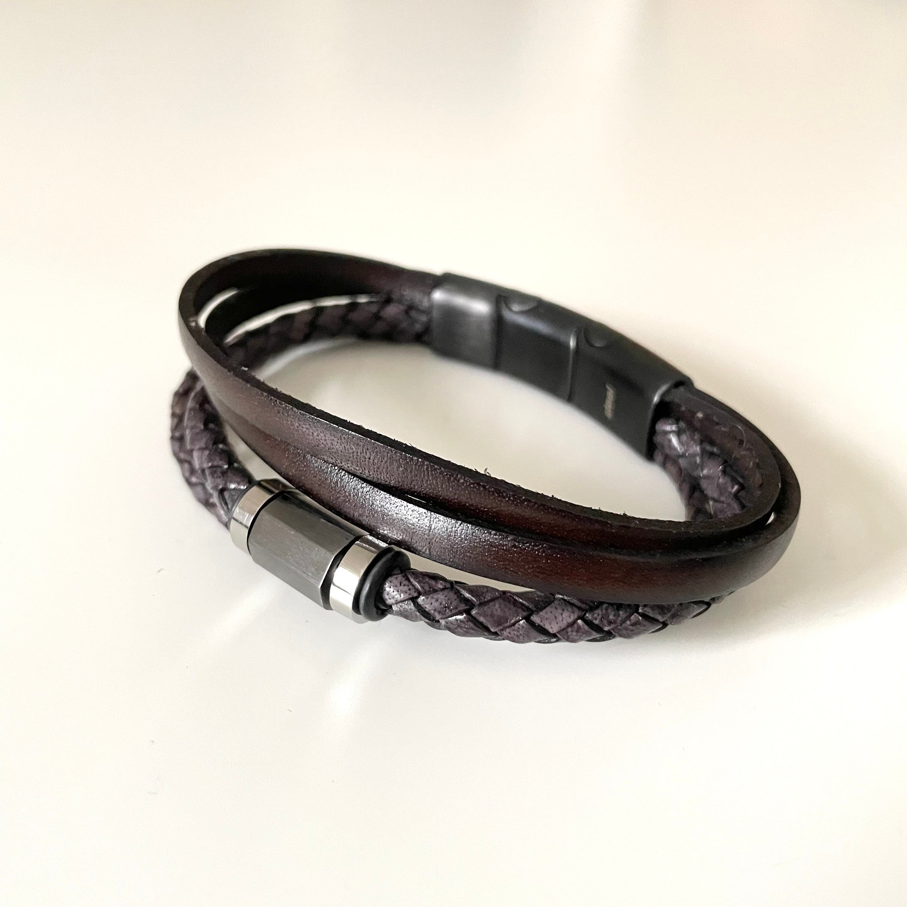 Black Nappa Leather 3 Strap Braided and Flat Band Bracelet with a Stylish Large Steel Spacer and Magnetic Clasp in Black Satin Finish