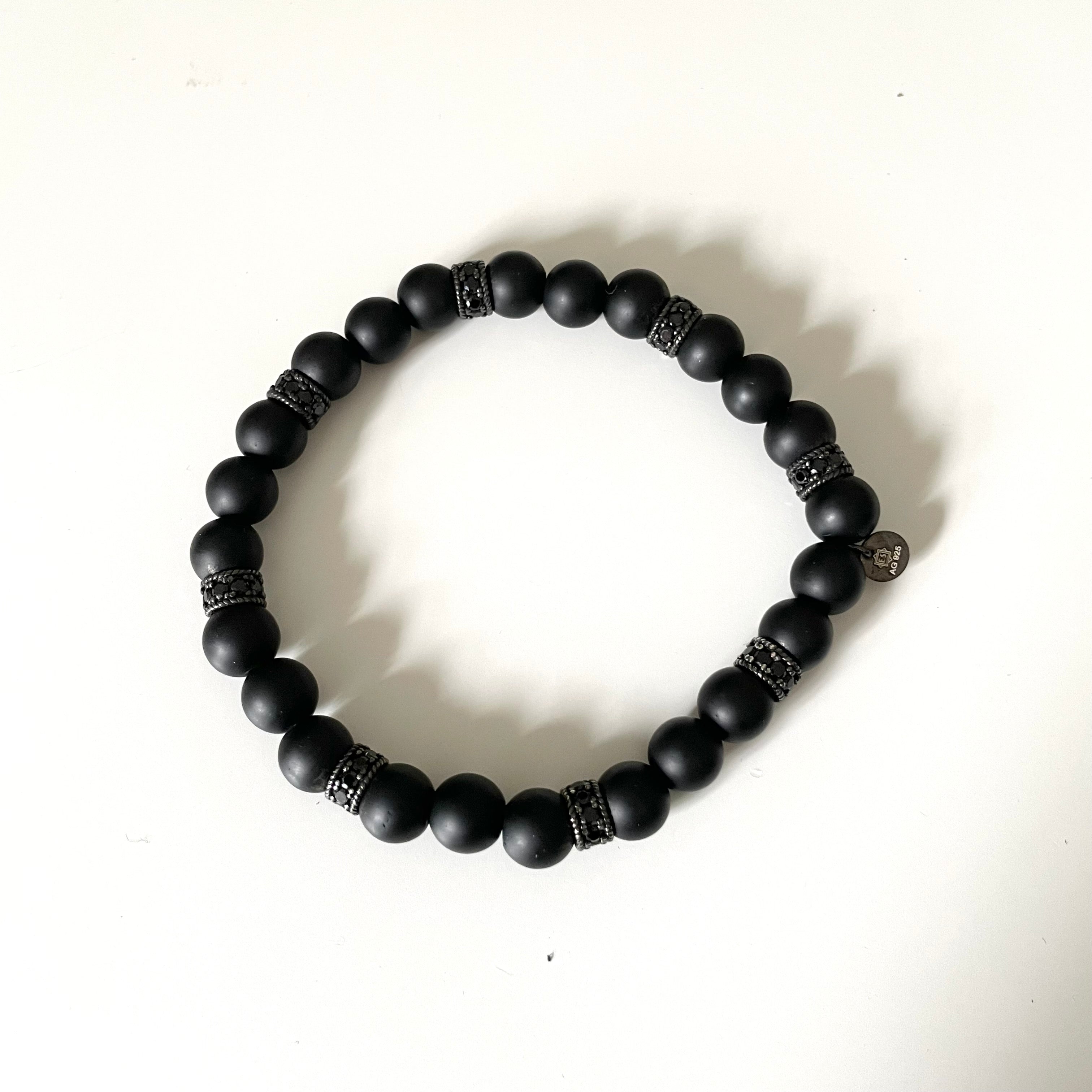 Matte Black Onyx Bead Bracelet with Zirconia Faceted Ruthenium-Plated Spacers