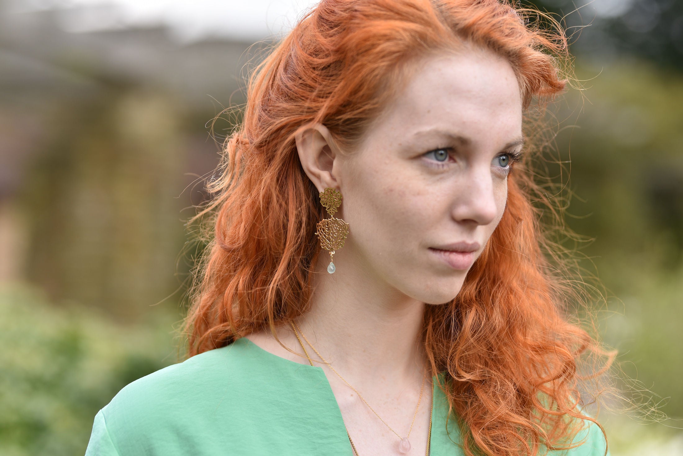 Gold Plated Sterling Silver Intricate Filigree Long Earrings with Stone Drop - Aqua Chalcedony