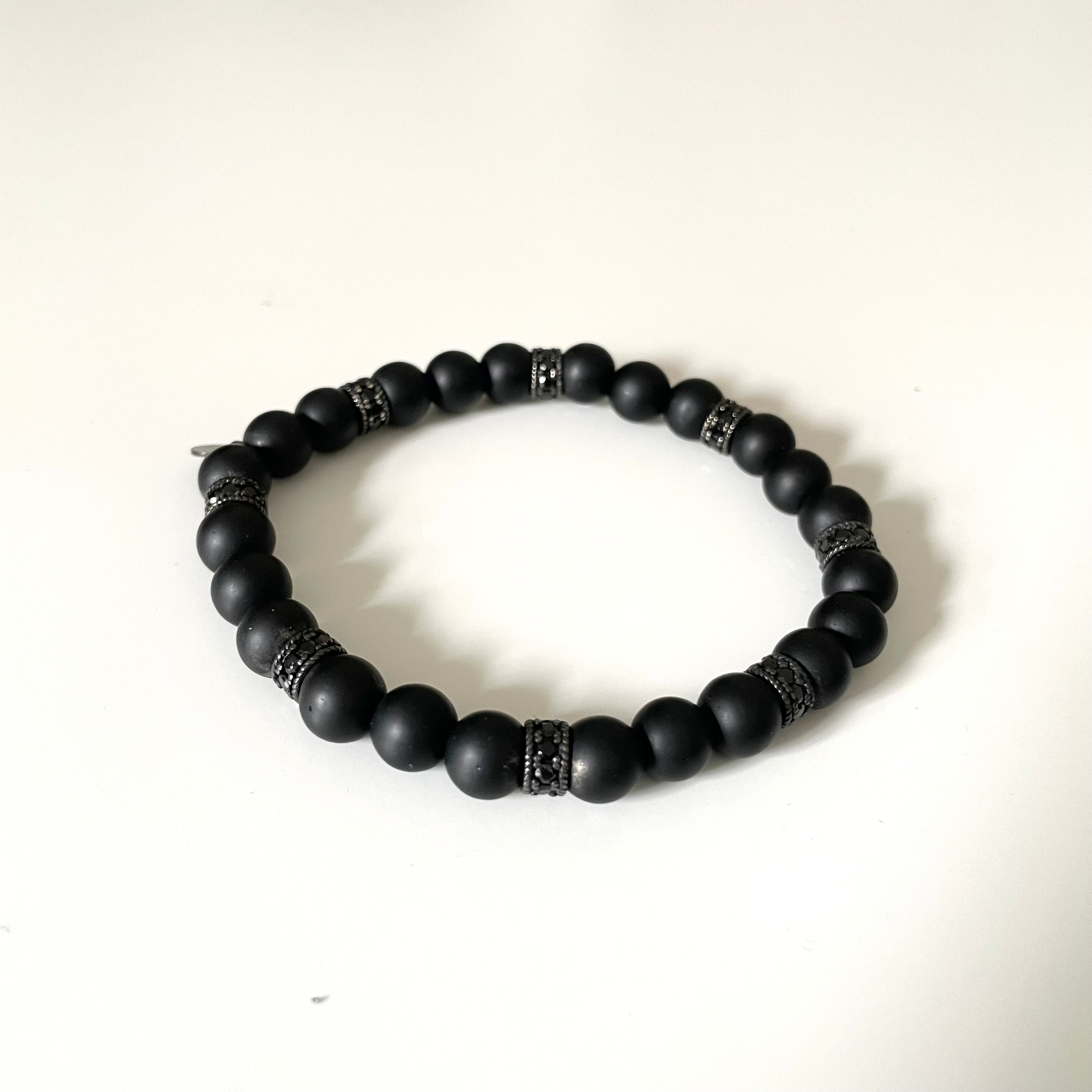 Matte Black Onyx Bead Bracelet with Zirconia Faceted Ruthenium Plated Milina London