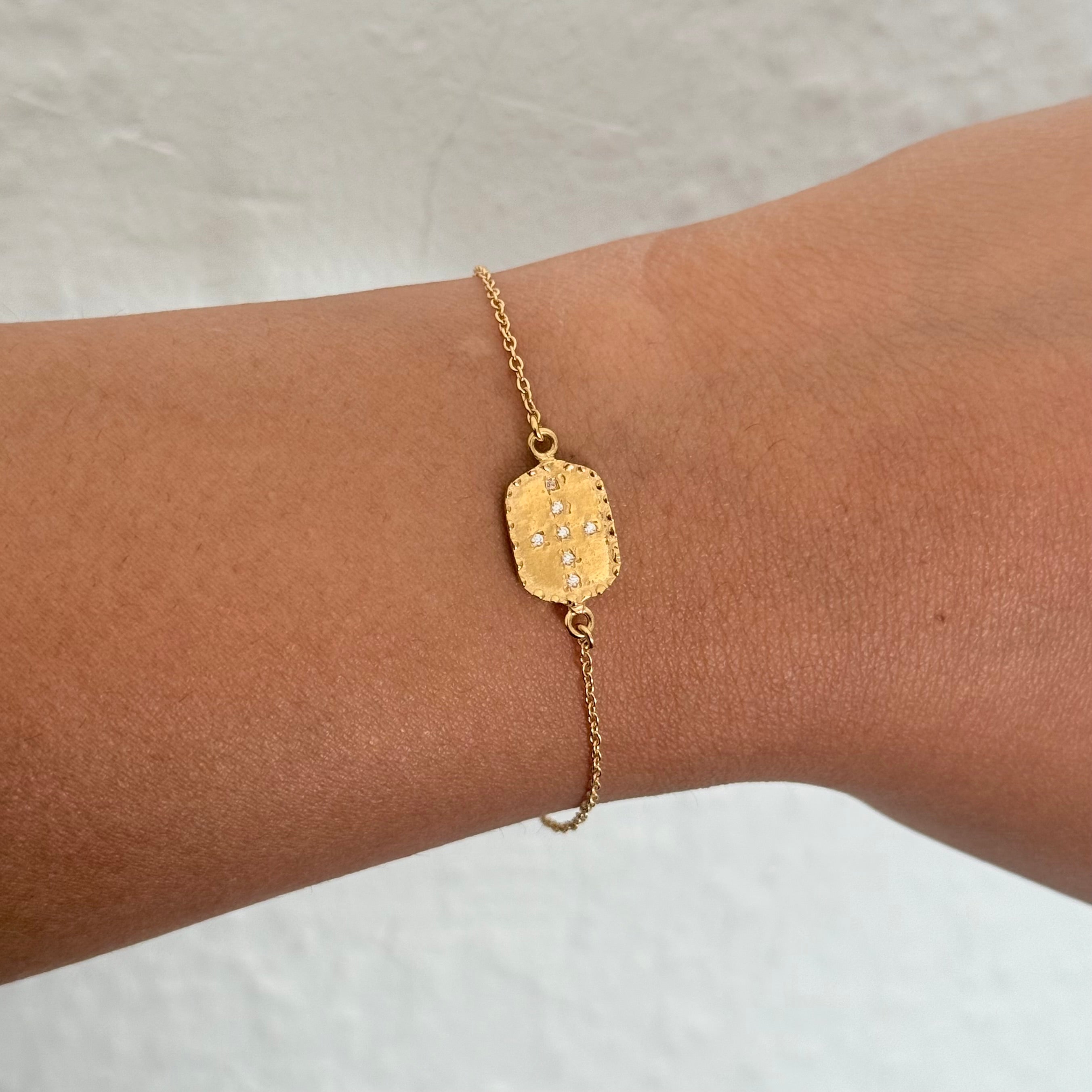 Textured 3micron 18k Gold Plated Sterling Silver Rectangular Disc Bracelet with Cubic Zirconia