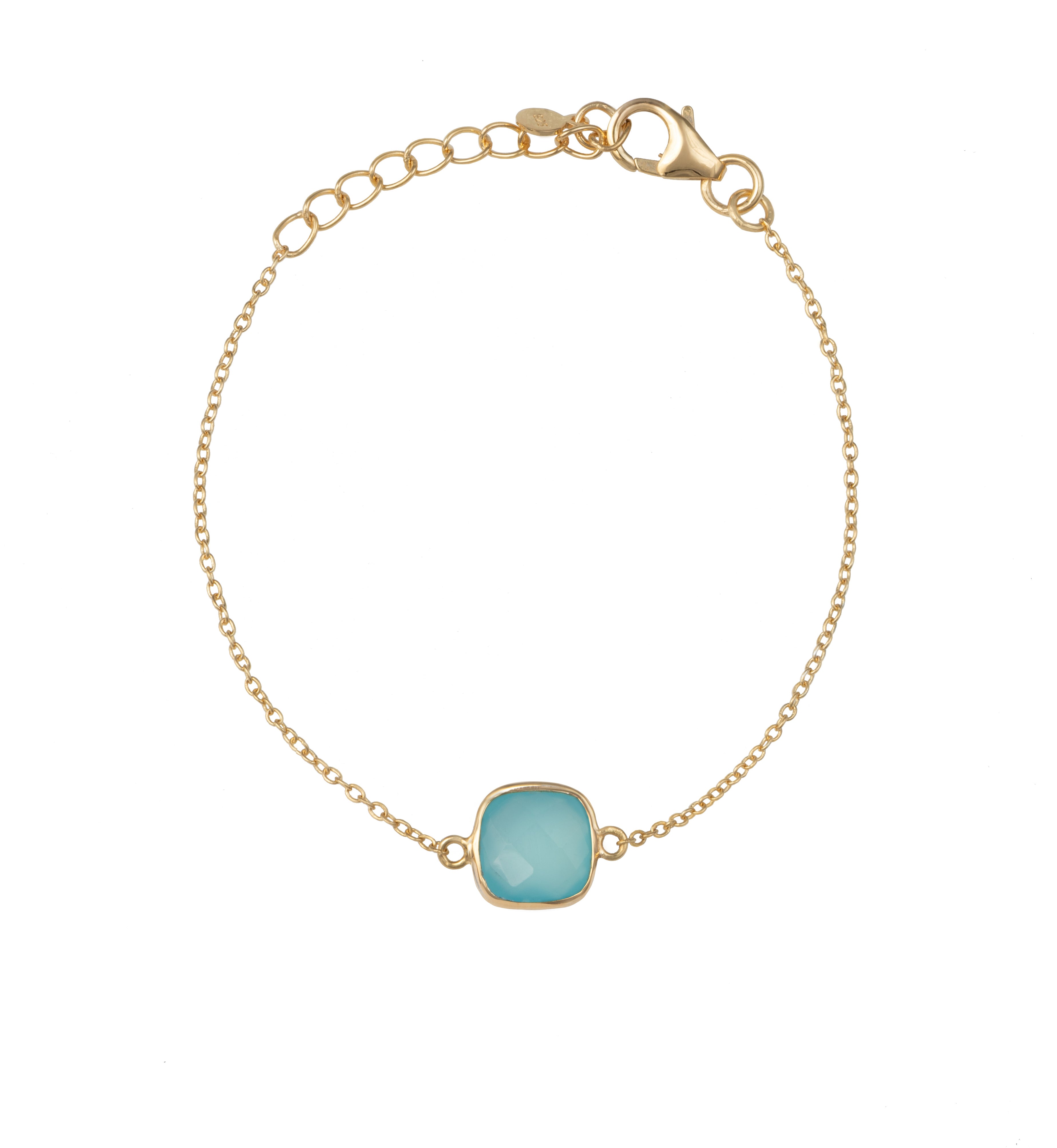 Minimal Adjustable Bracelet in 3 micron 18k Gold Plated Sterling Silver with a Squared Shaped Aqua Chalcedony Gemstone