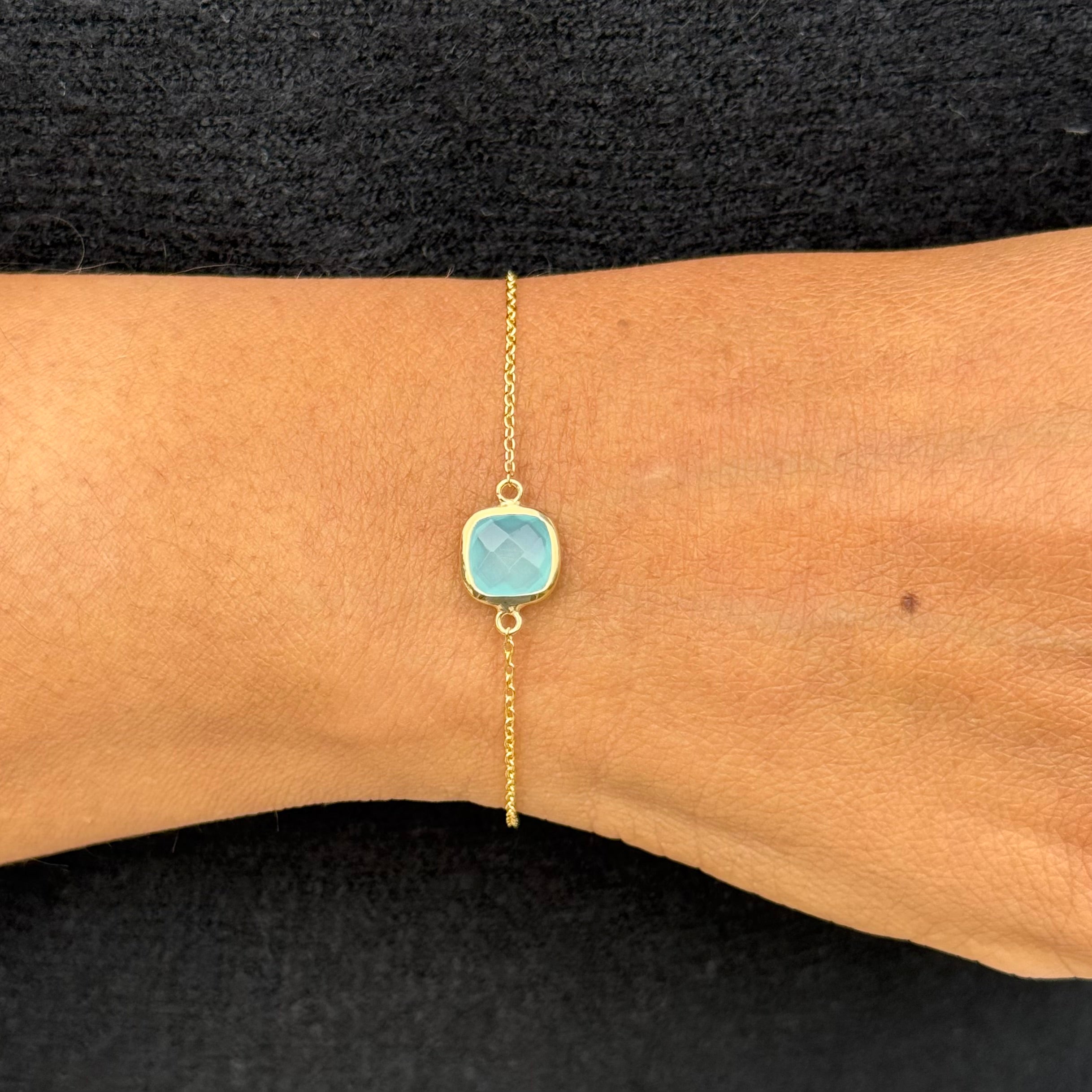 Minimal Adjustable Bracelet in 3 micron 18k Gold Plated Sterling Silver with a Squared Shaped Aqua Chalcedony Gemstone