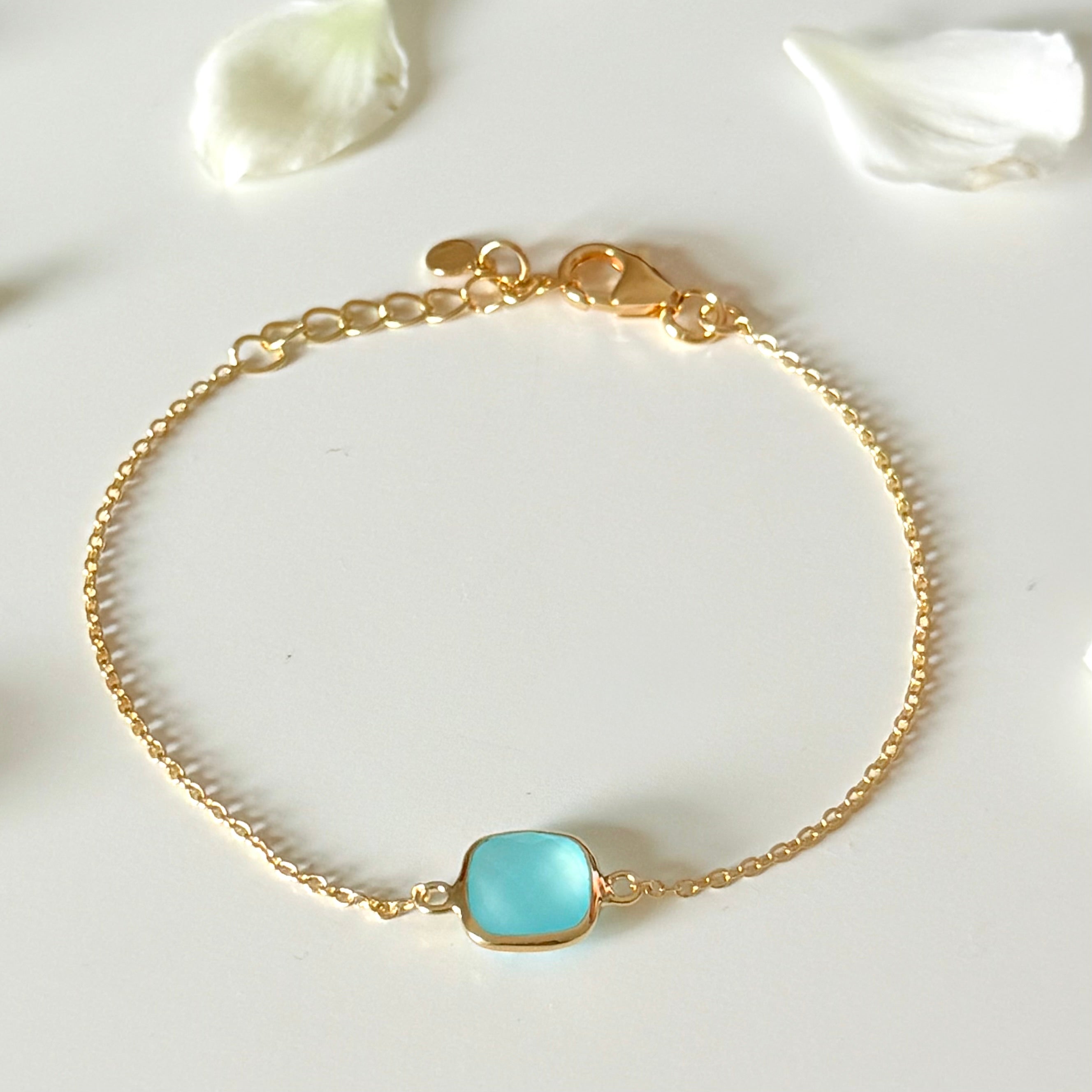 Minimal Adjustable Bracelet in 3 micron 18k Gold Plated Sterling Silver with a Squared Shaped Aqua Chalcedony Gemstone