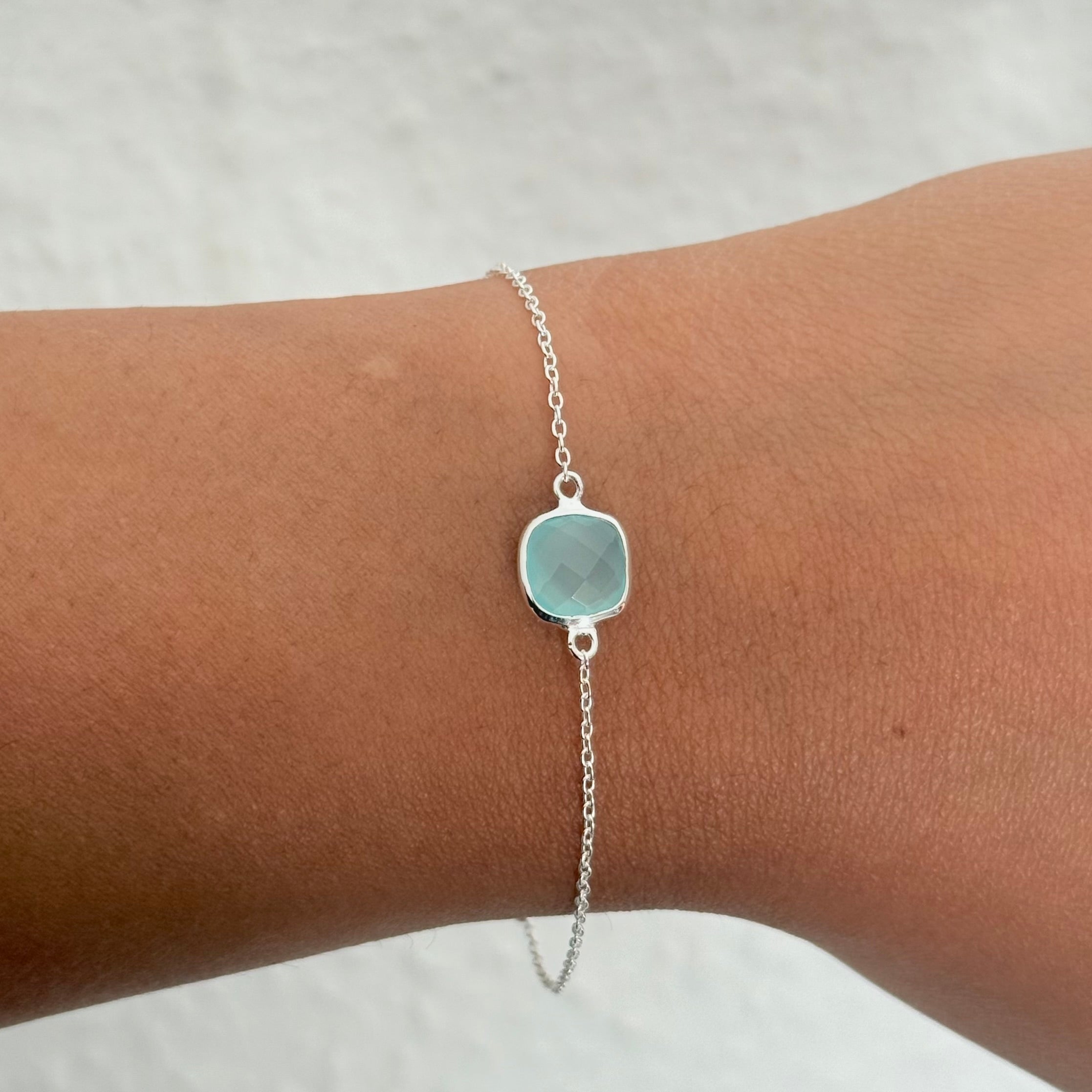 Minimal Adjustable Bracelet in Sterling Silver with a Square-Shaped Aqua Chalcedony Gemstone