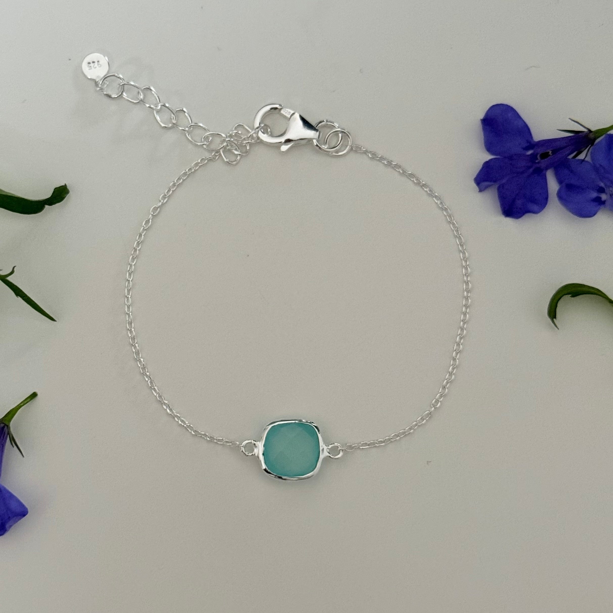 Minimal Adjustable Bracelet in Sterling Silver with a Square-Shaped Aqua Chalcedony Gemstone