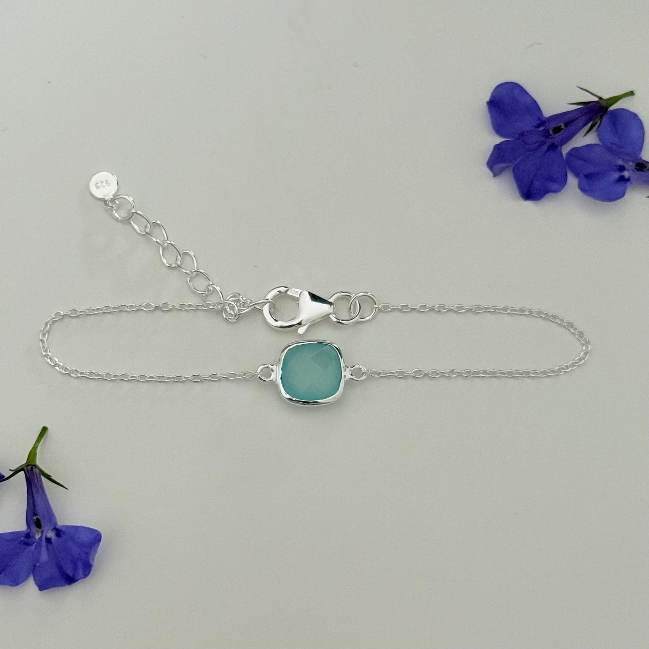 Minimal Adjustable Bracelet in Sterling Silver with a Square-Shaped Aqua Chalcedony Gemstone