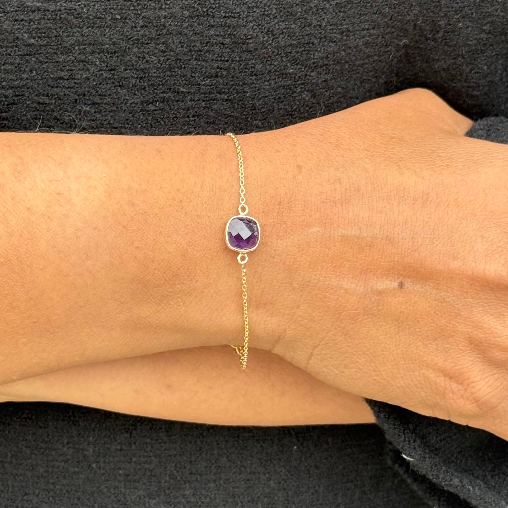 Minimal Adjustable Bracelet in 3 micron 18k Gold Plated Sterling Silver with a Squared Shaped Amethyst Gemstone